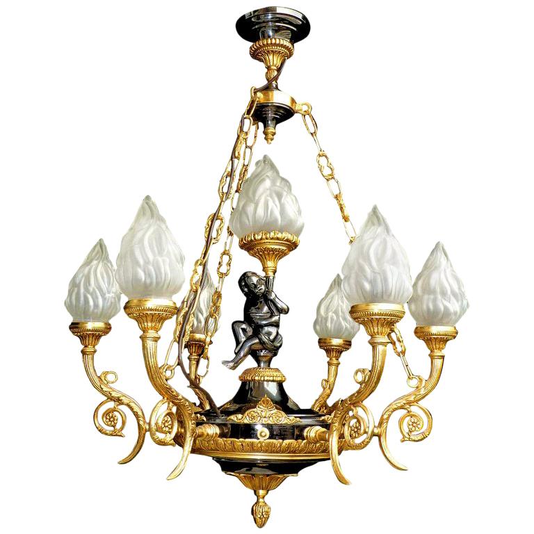 Large French Empire Cherub Patinated 
Gilt Bronze 7light Putti Torch Chandelier