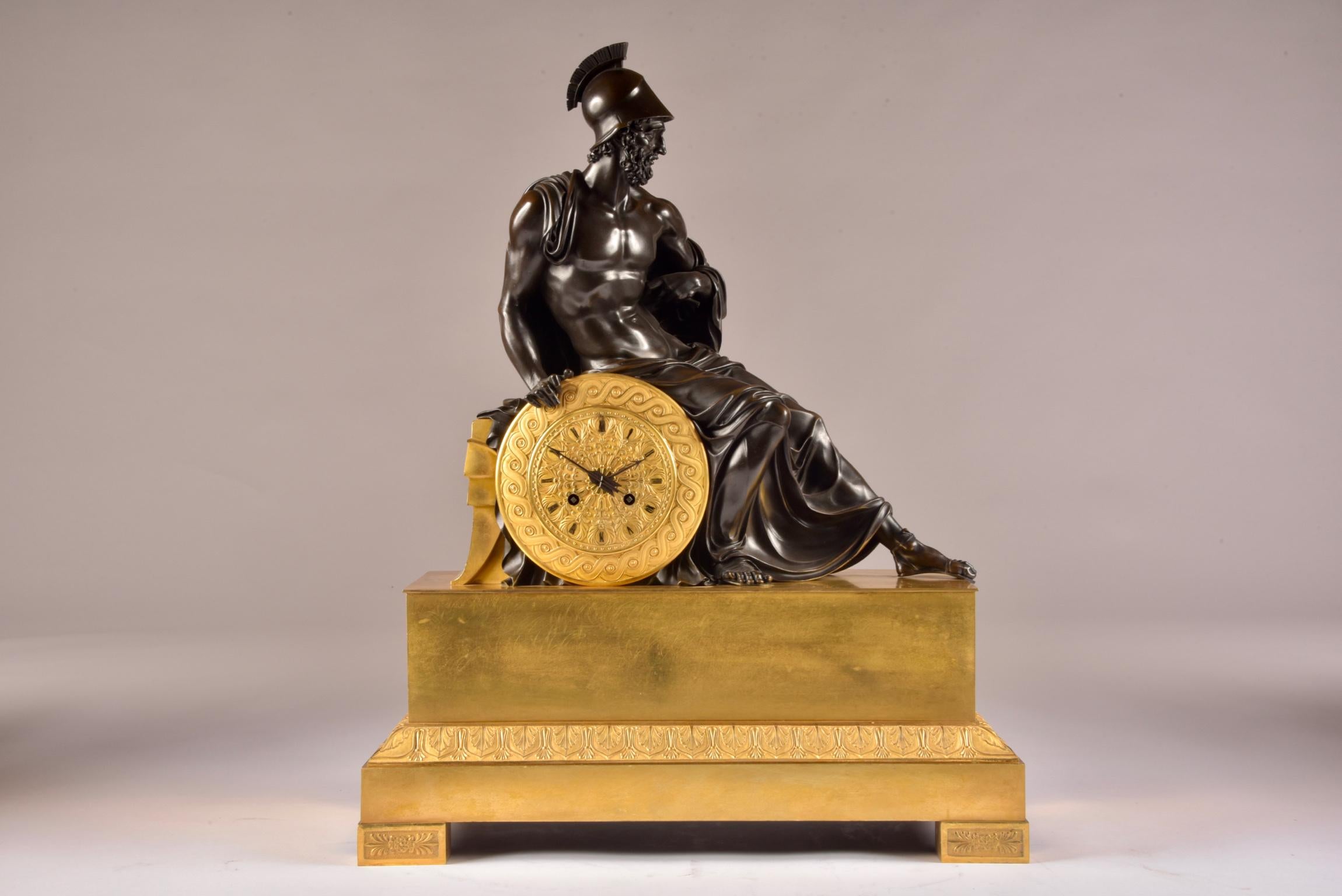 Mid-19th Century Large French Empire Clock Ormolu with Roman Soldier, Gilded Bronze, circa 1830