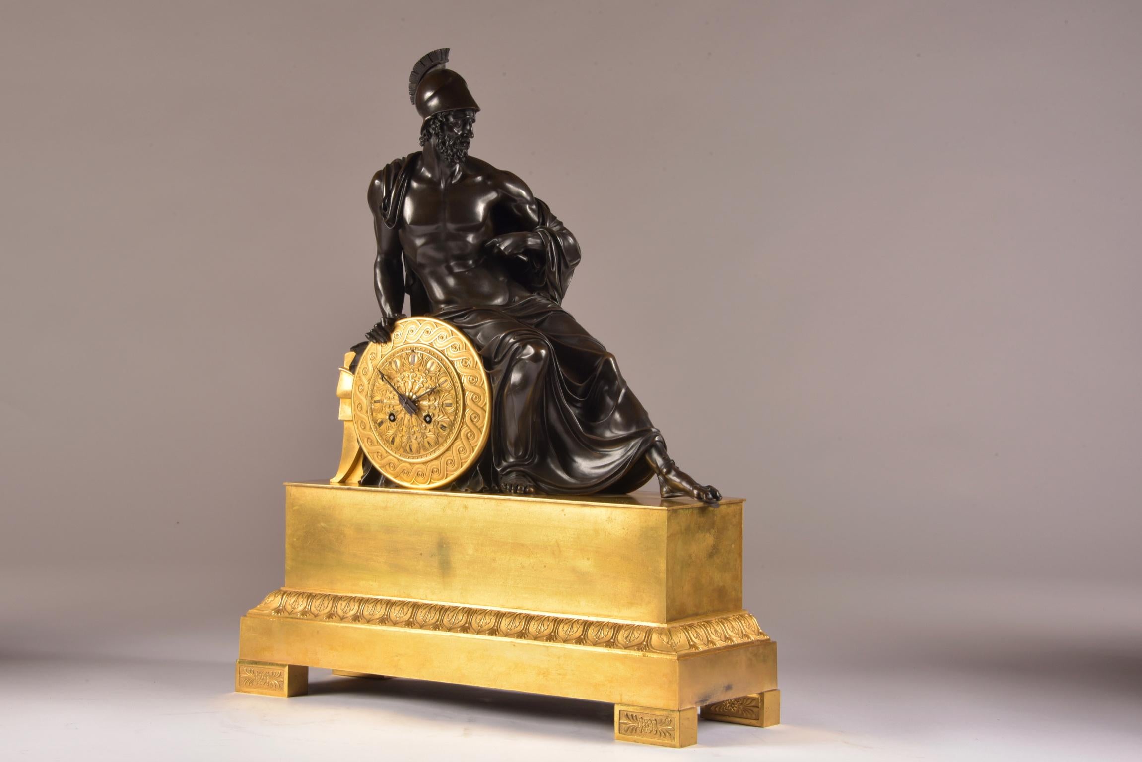 Large French Empire Clock Ormolu with Roman Soldier, Gilded Bronze, circa 1830 3