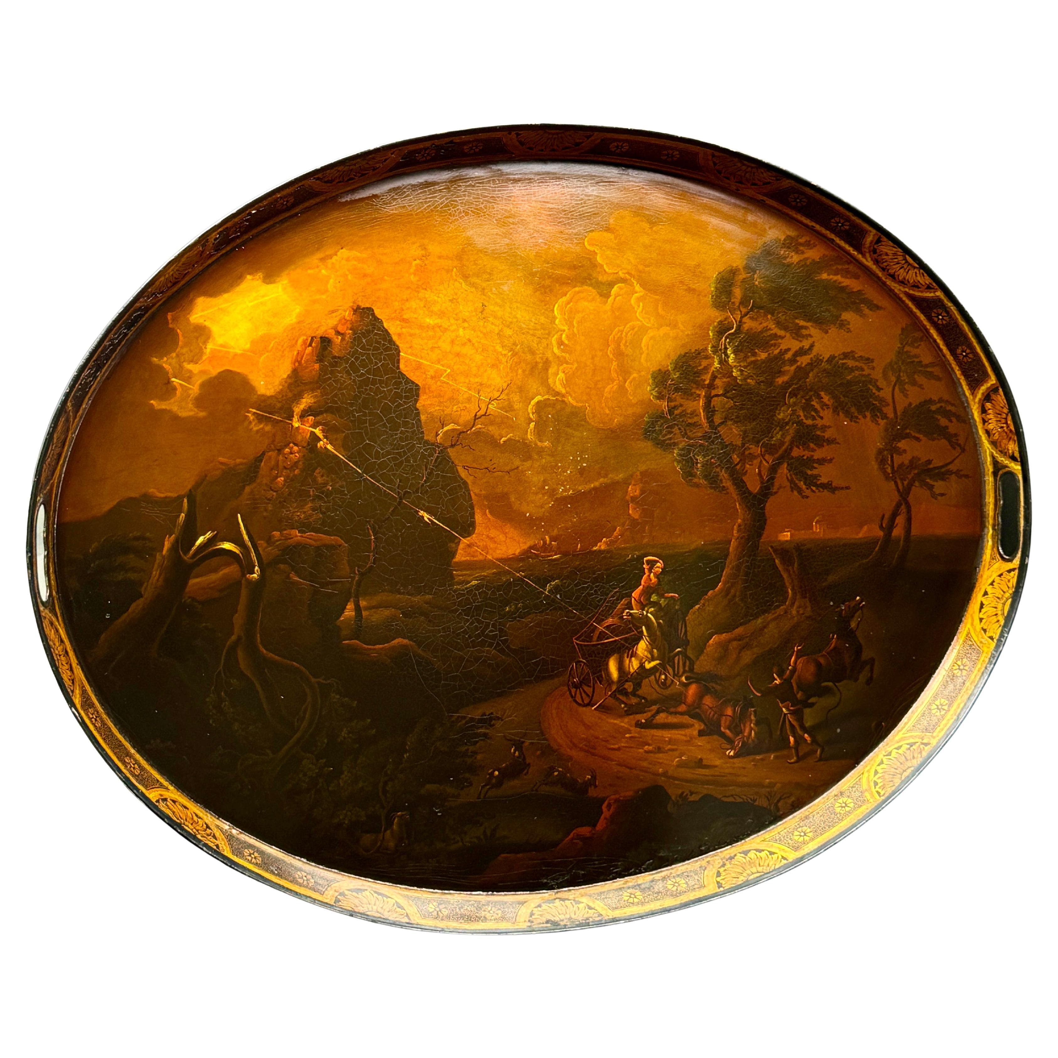 Large French Empire Coastal Scenic Painted Oval Tole Tray