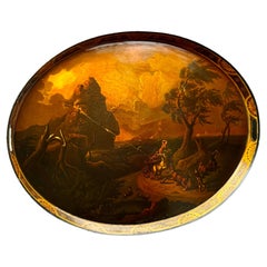 Large French Empire Coastal Scenic Painted Oval Tole Tray