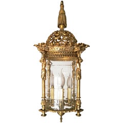 Large French Empire Fire Gilded Bronze Cut Glass Four-Light Lantern Chandelier