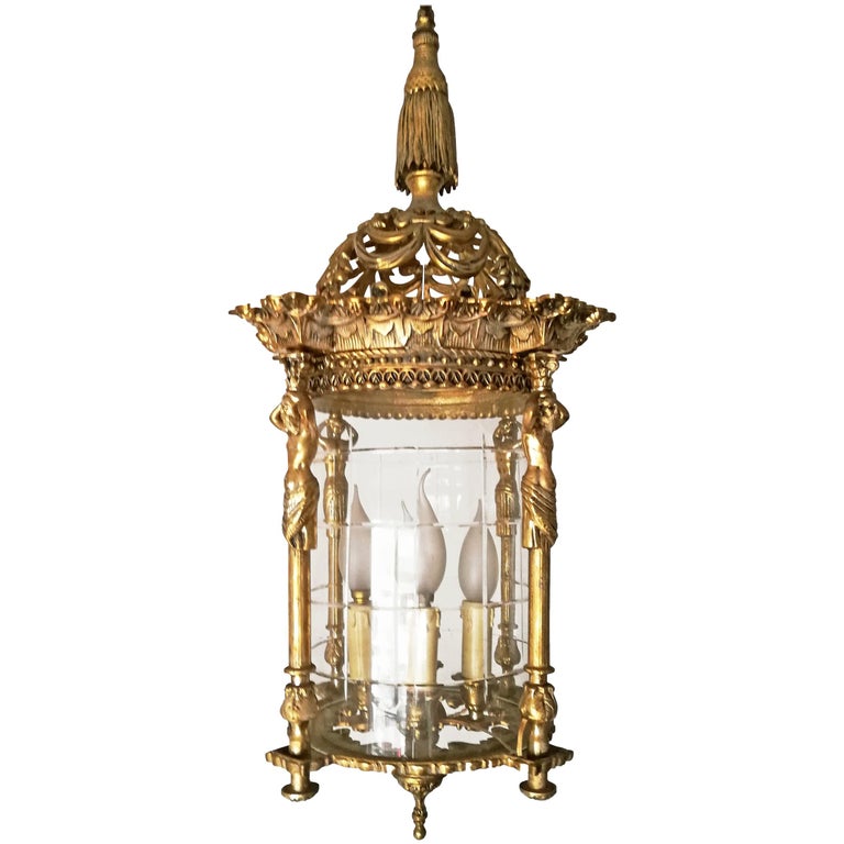 Large French Empire Fire Gilded Bronze Cut Glass Four Light Lantern Large French Empire Fire Gilded Bronze Cut Glass Four Light Lantern Chandelier For