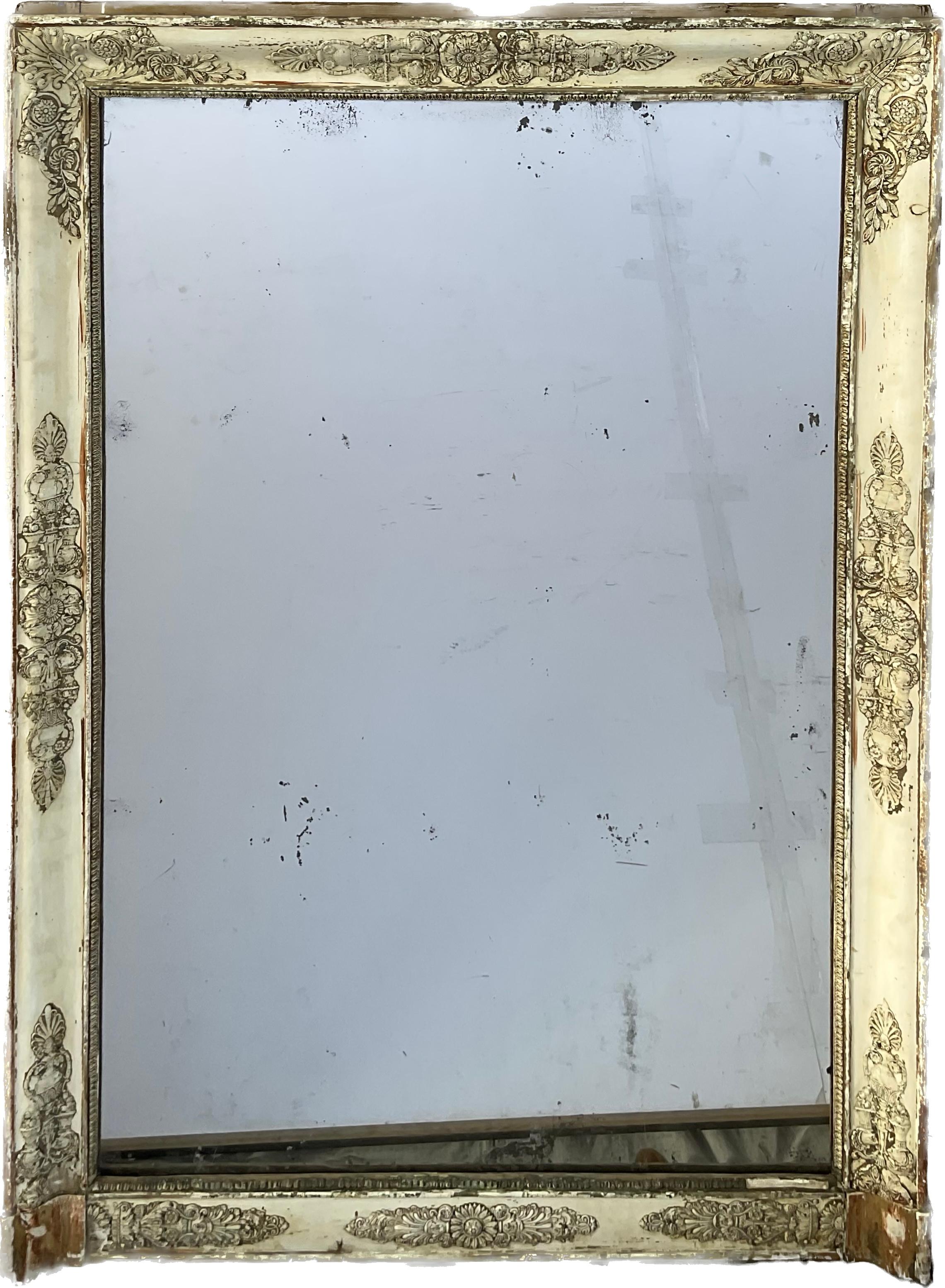 Large French Empire Mirror with Worn Gold Gilt Finish In Fair Condition For Sale In Bradenton, FL