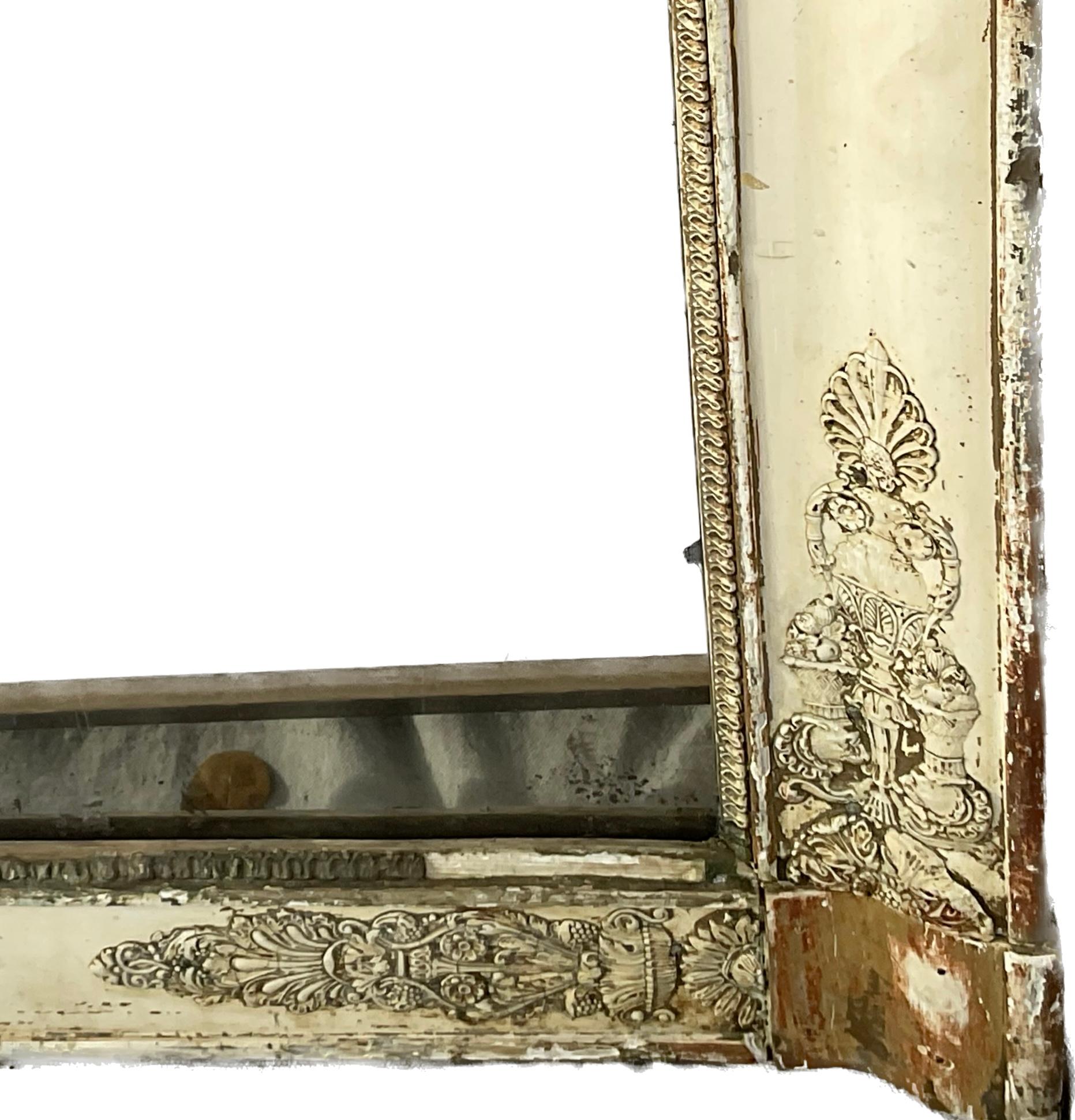 Wood Large French Empire Mirror with Worn Gold Gilt Finish For Sale