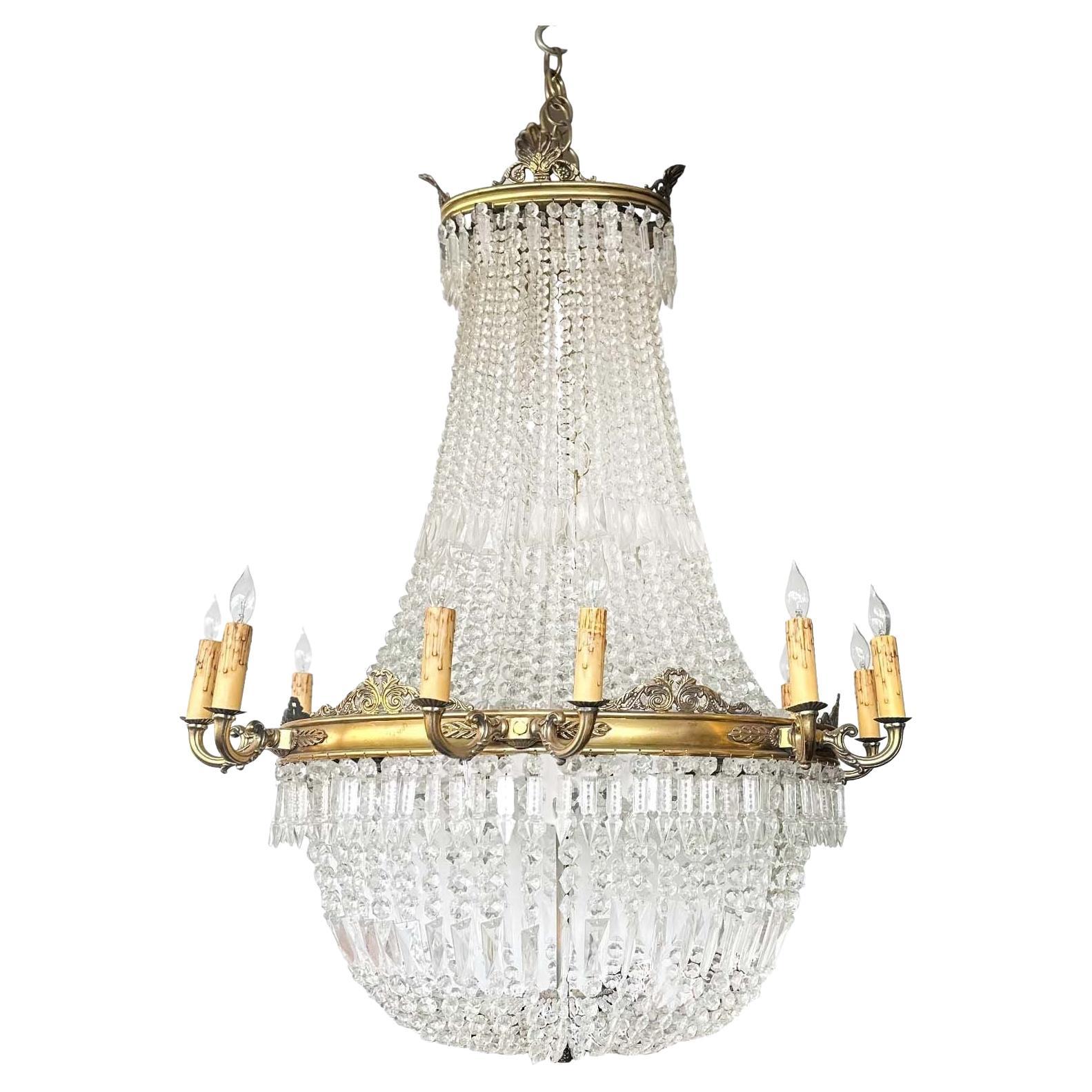 Large French Empire-Style Bronze & Glass Chandelier, c. 1920's For Sale