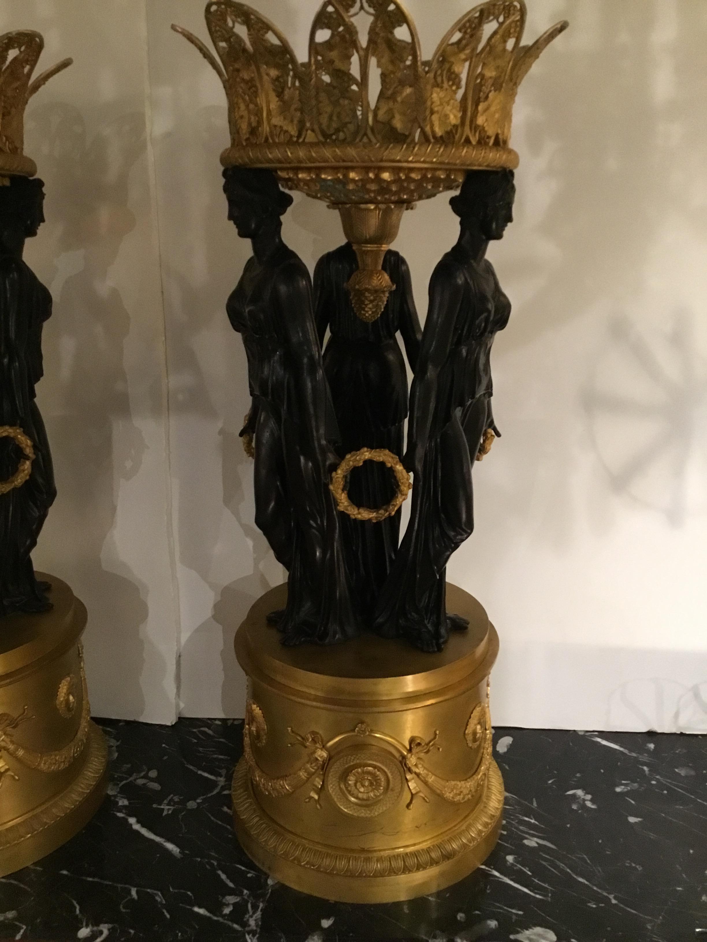 Gilt Pair of  French Empire ormolu and Patinated Bronze Centrepieces For Sale