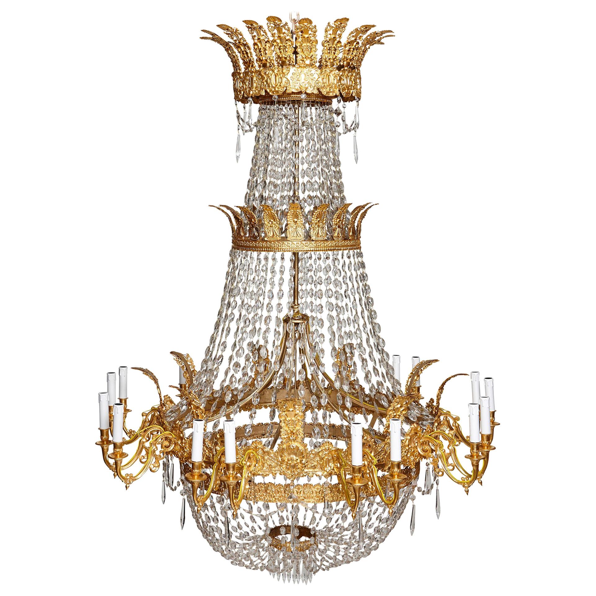 Large French Empire Style Glass and Gilt Bronze 18-Light Chandelier