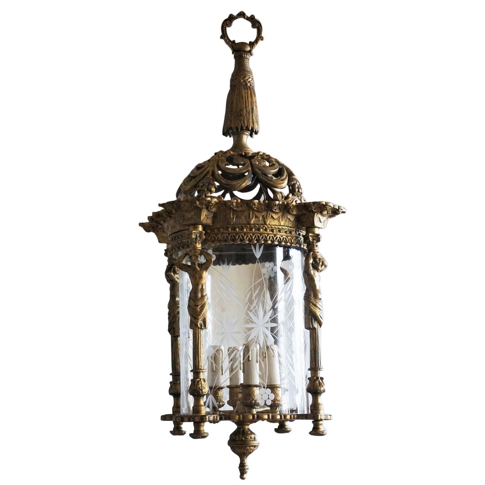 Large French Empire Style Solid Gild Bronze Four-Light Lantern, Chandelier