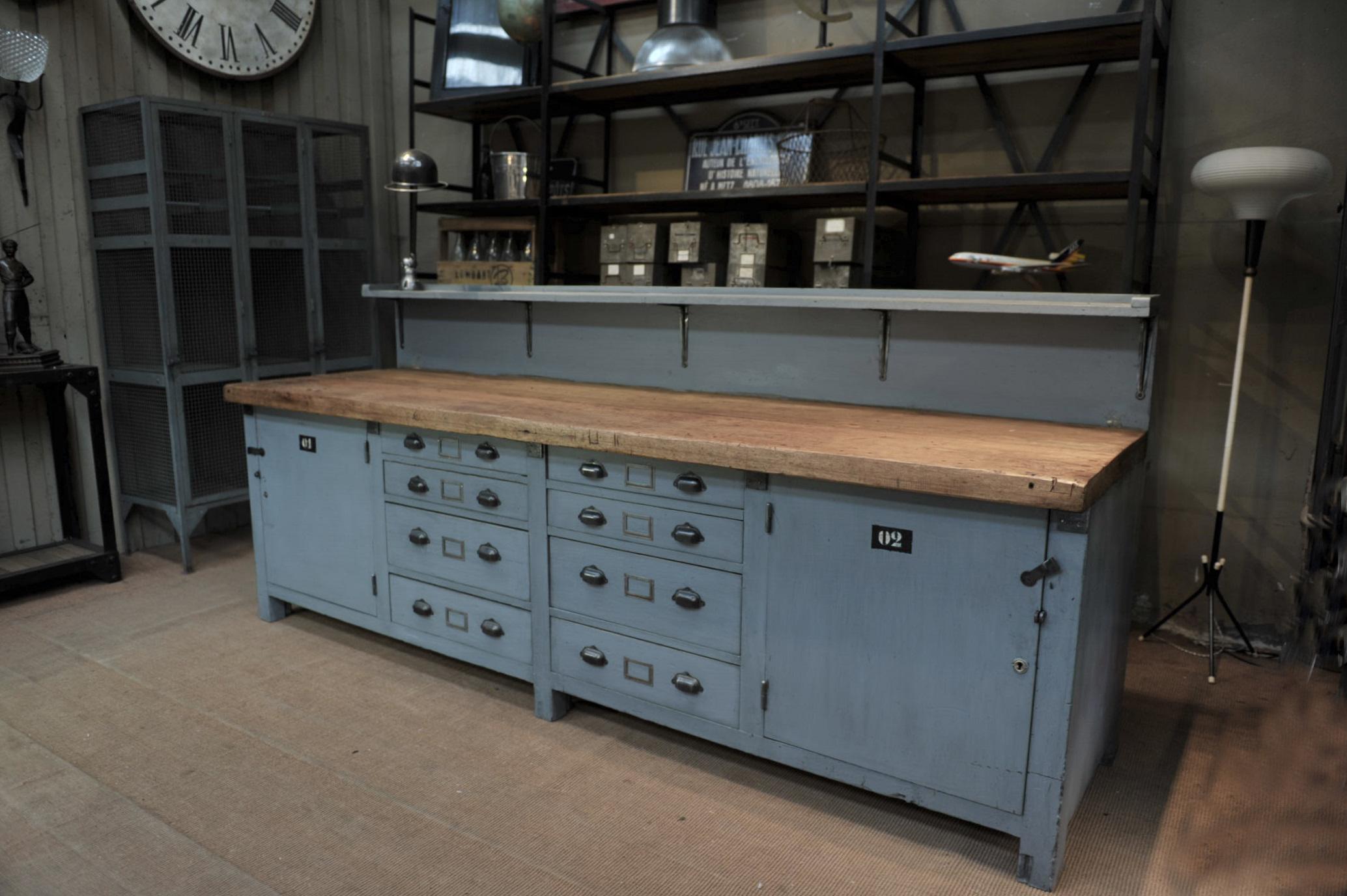 Large French Factory Workbench with Eight Drawers and Two Doors, circa 1930s 5