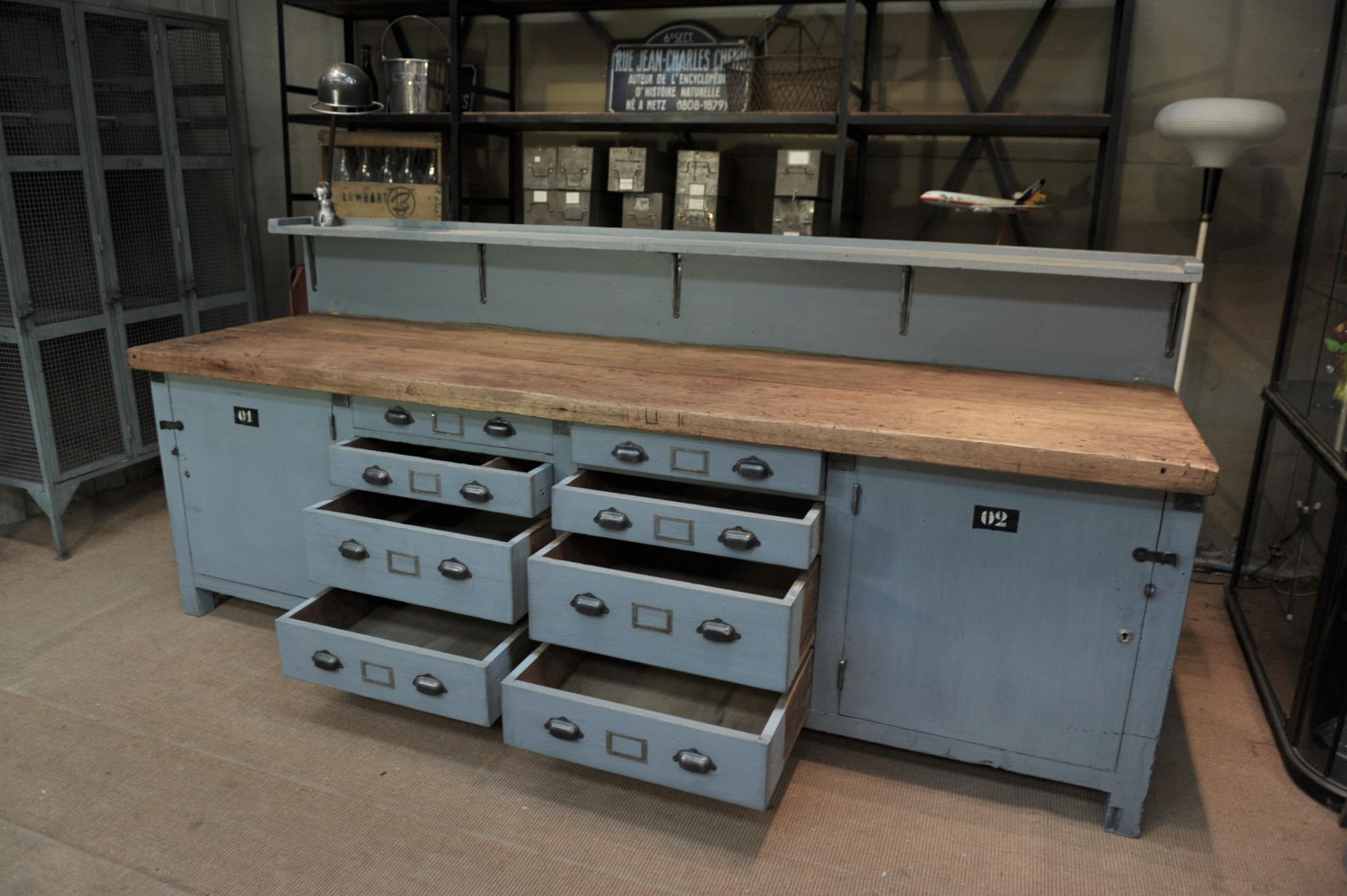 Industrial Large French Factory Workbench with Eight Drawers and Two Doors, circa 1930s