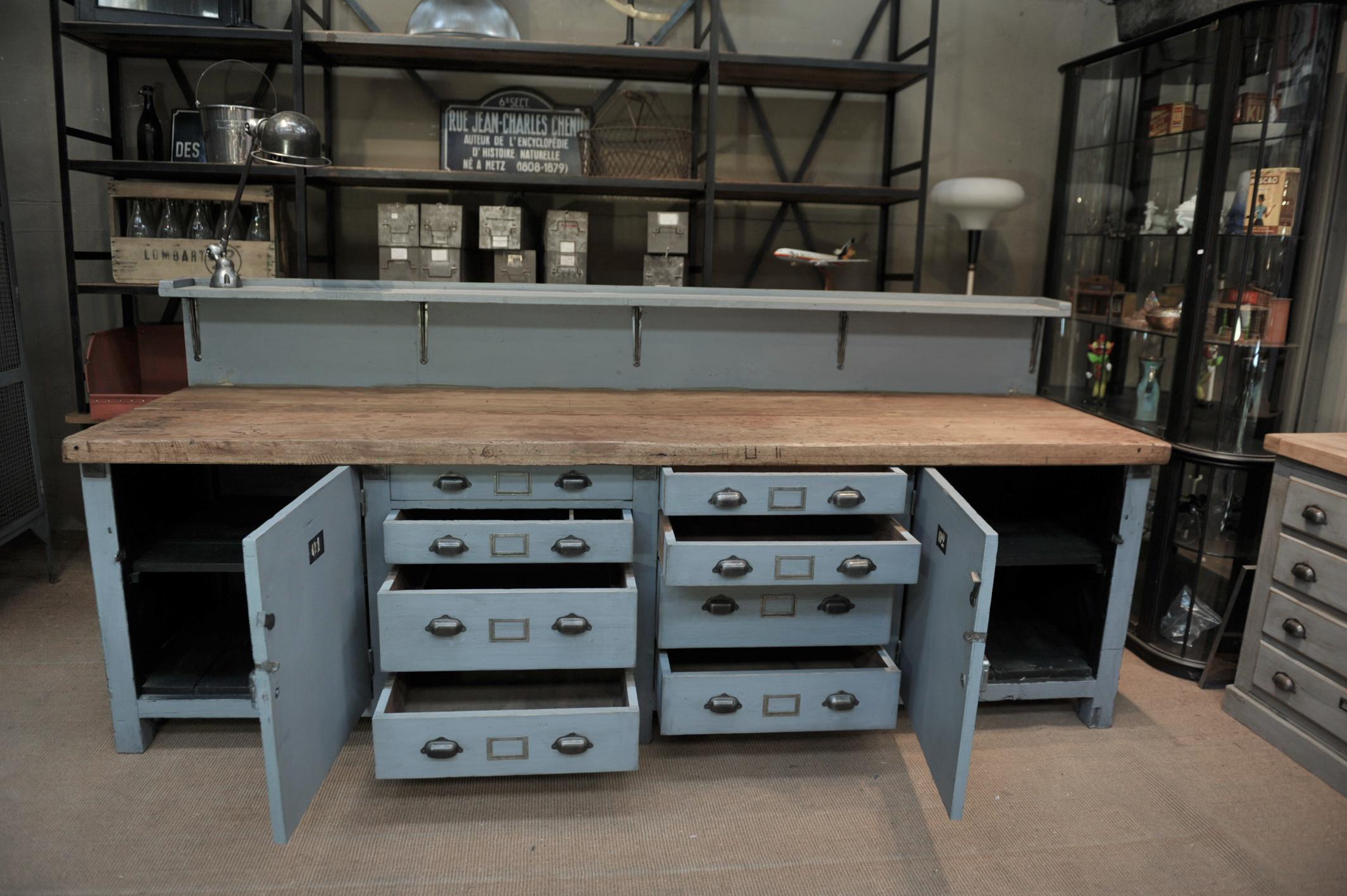 Large French Factory Workbench with Eight Drawers and Two Doors, circa 1930s 1
