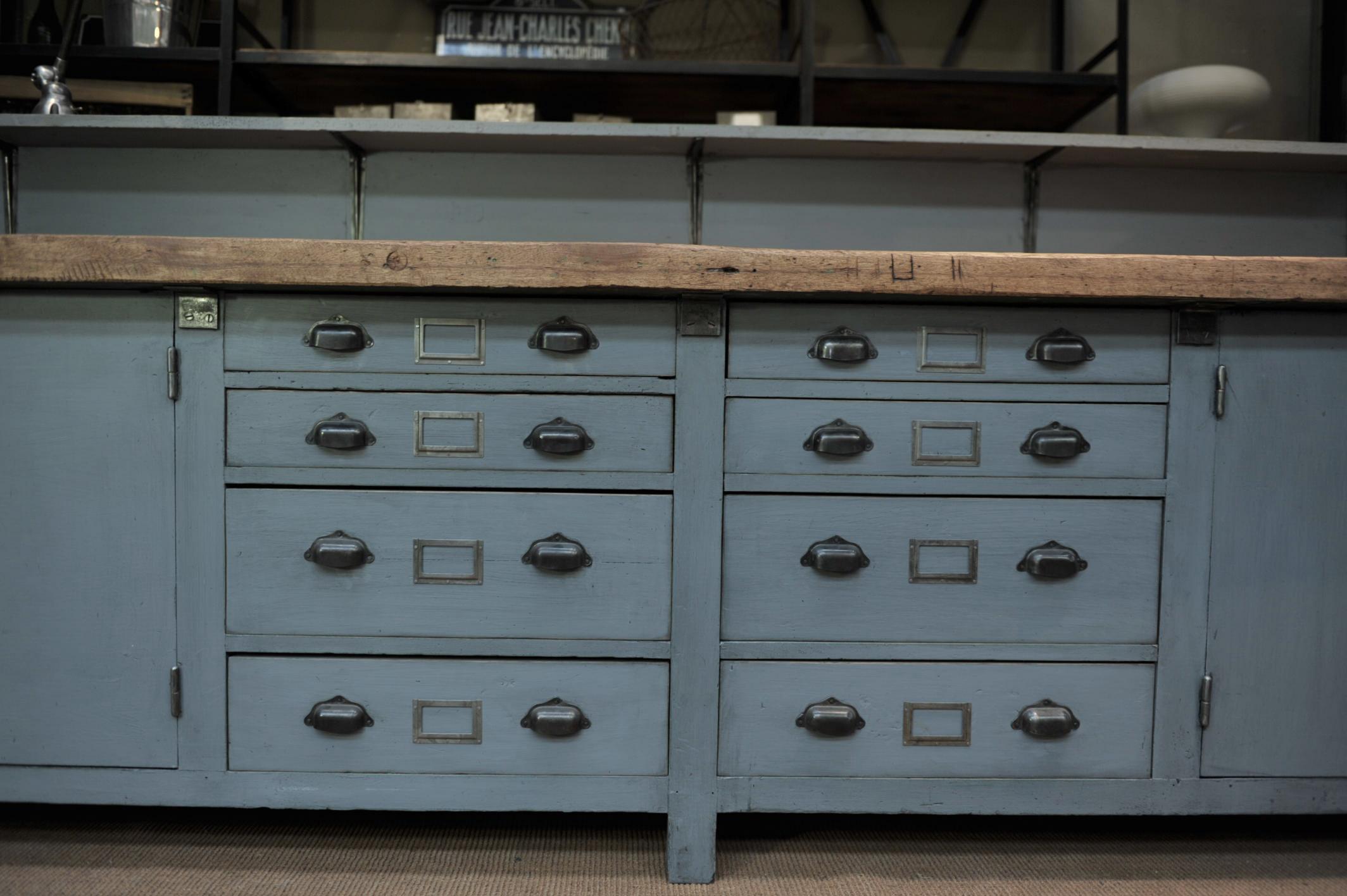 Large French Factory Workbench with Eight Drawers and Two Doors, circa 1930s 3