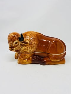 Large French Faience Figural Bison Pate Terrine by Michel Caugant