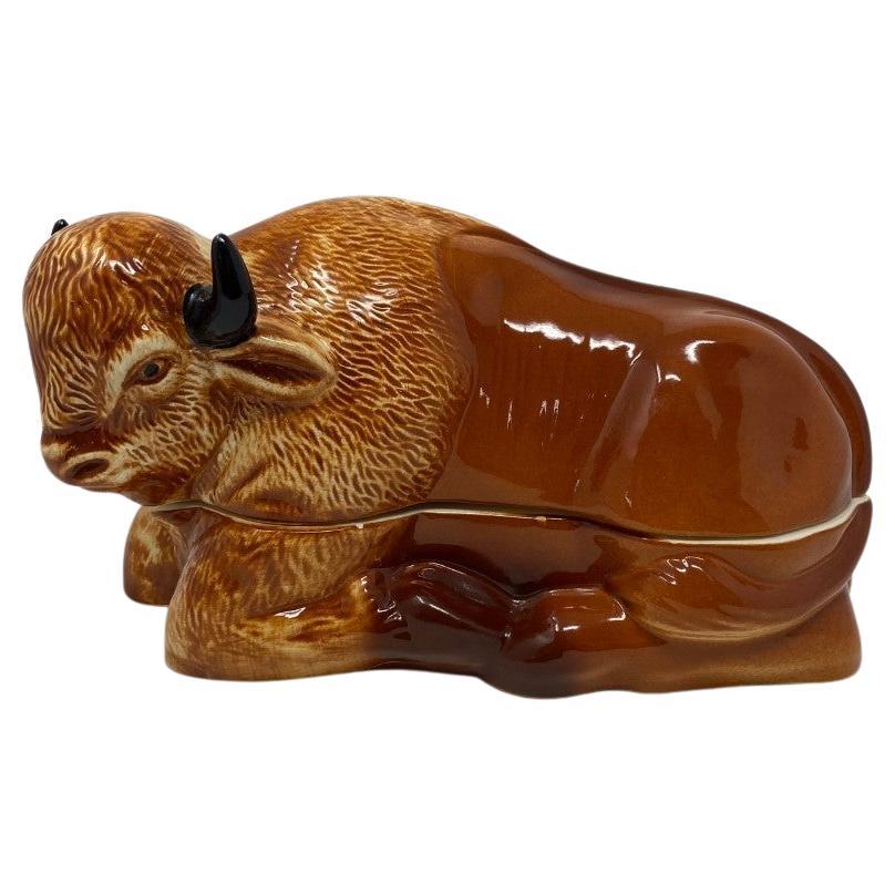 Large French Faience Figural Bison Pate Terrine by Michel Caugant For Sale