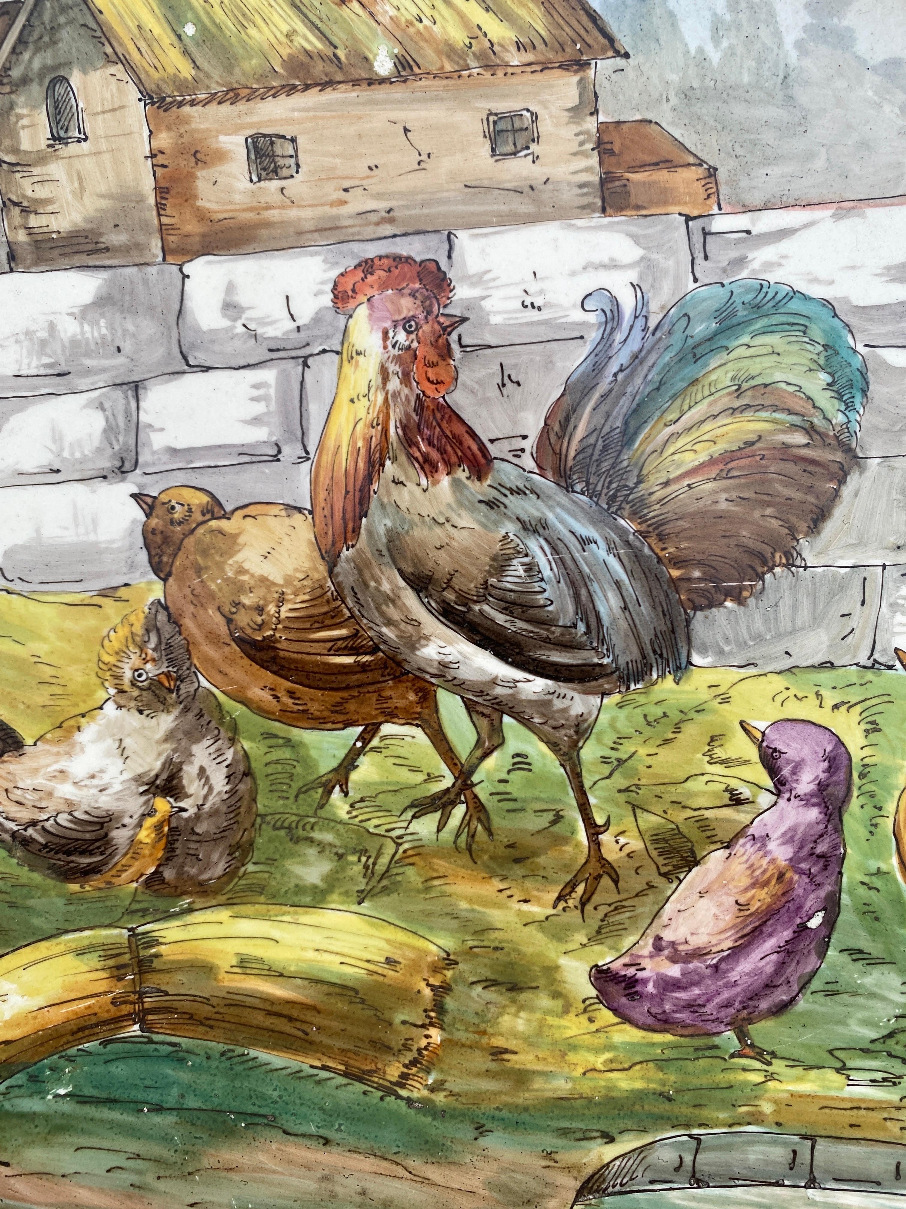 Large French faience rustic platter with farmyard scene, circa 1890.
Rooster, hen annd chicks.
Possibly Sarreguemines.
Measure: 15 inches diameter.