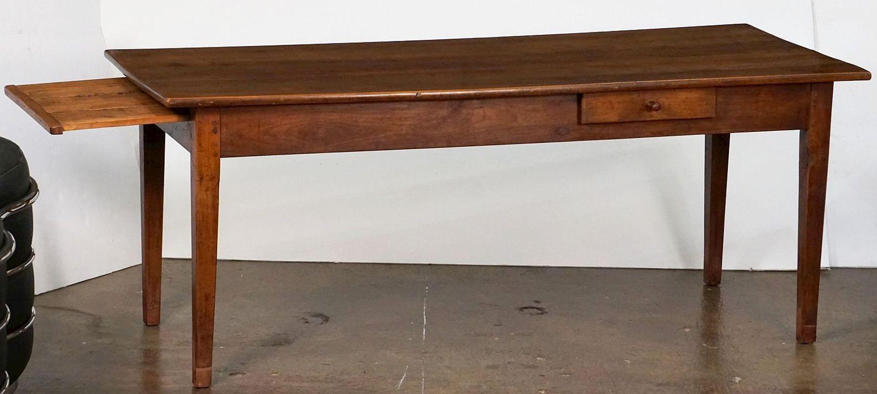 19th Century Large French Farm Table of Cherry with Drawer and Pull-Out Bread Board For Sale
