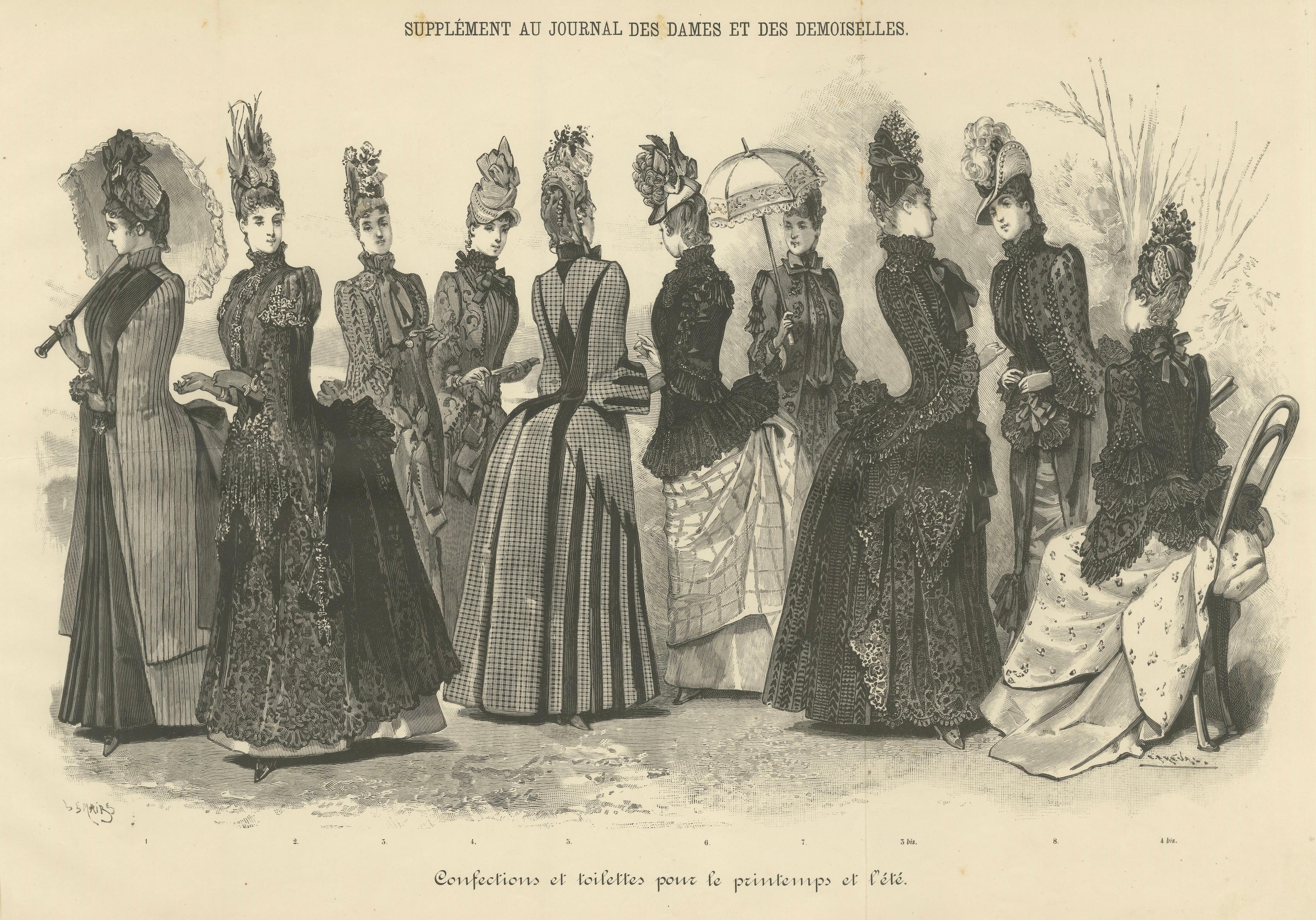 Large French Fashion Plate, Panoramic Couture Study, Paris, c.1887