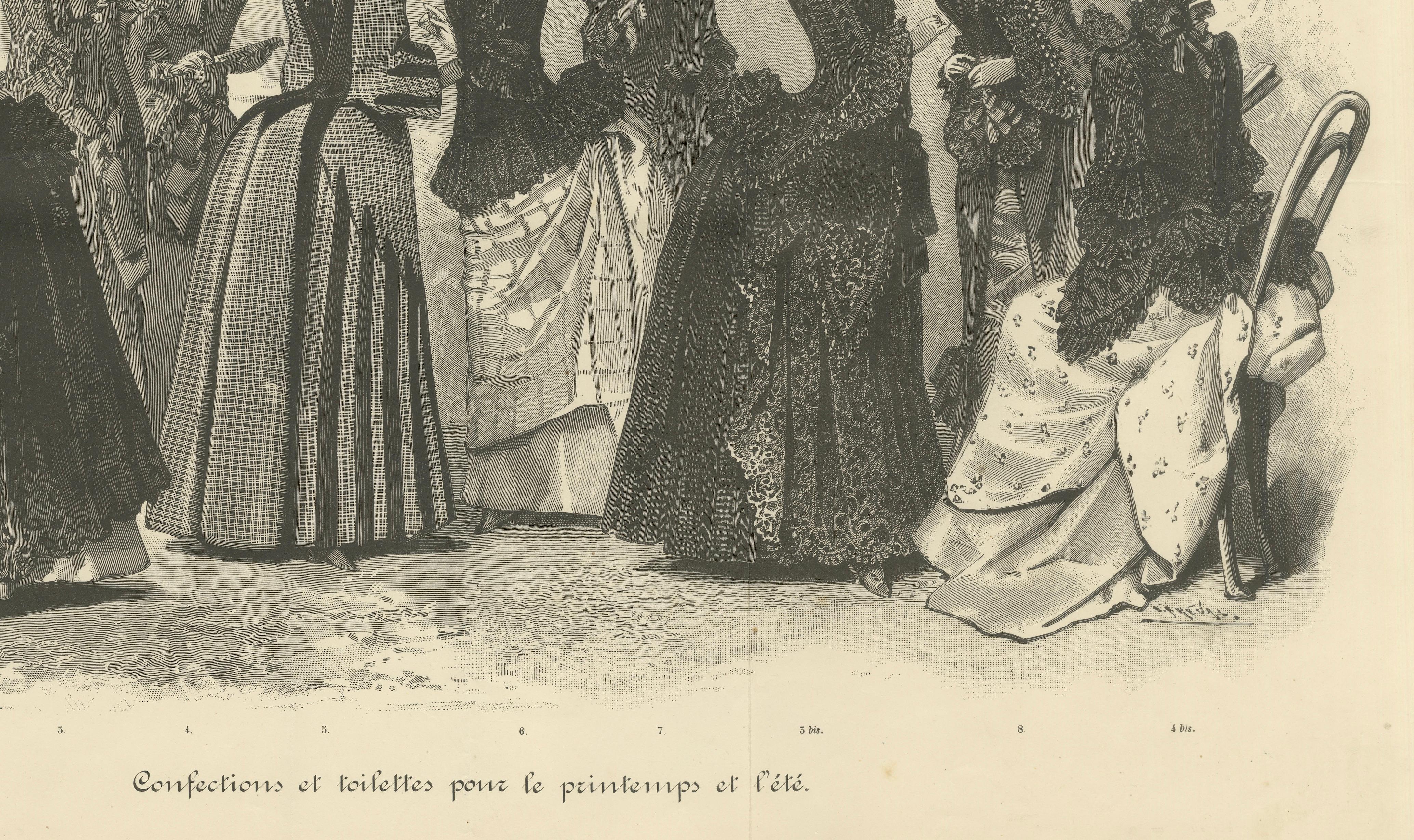Large French Fashion Plate, Panoramic Couture Study, Paris, c.1887