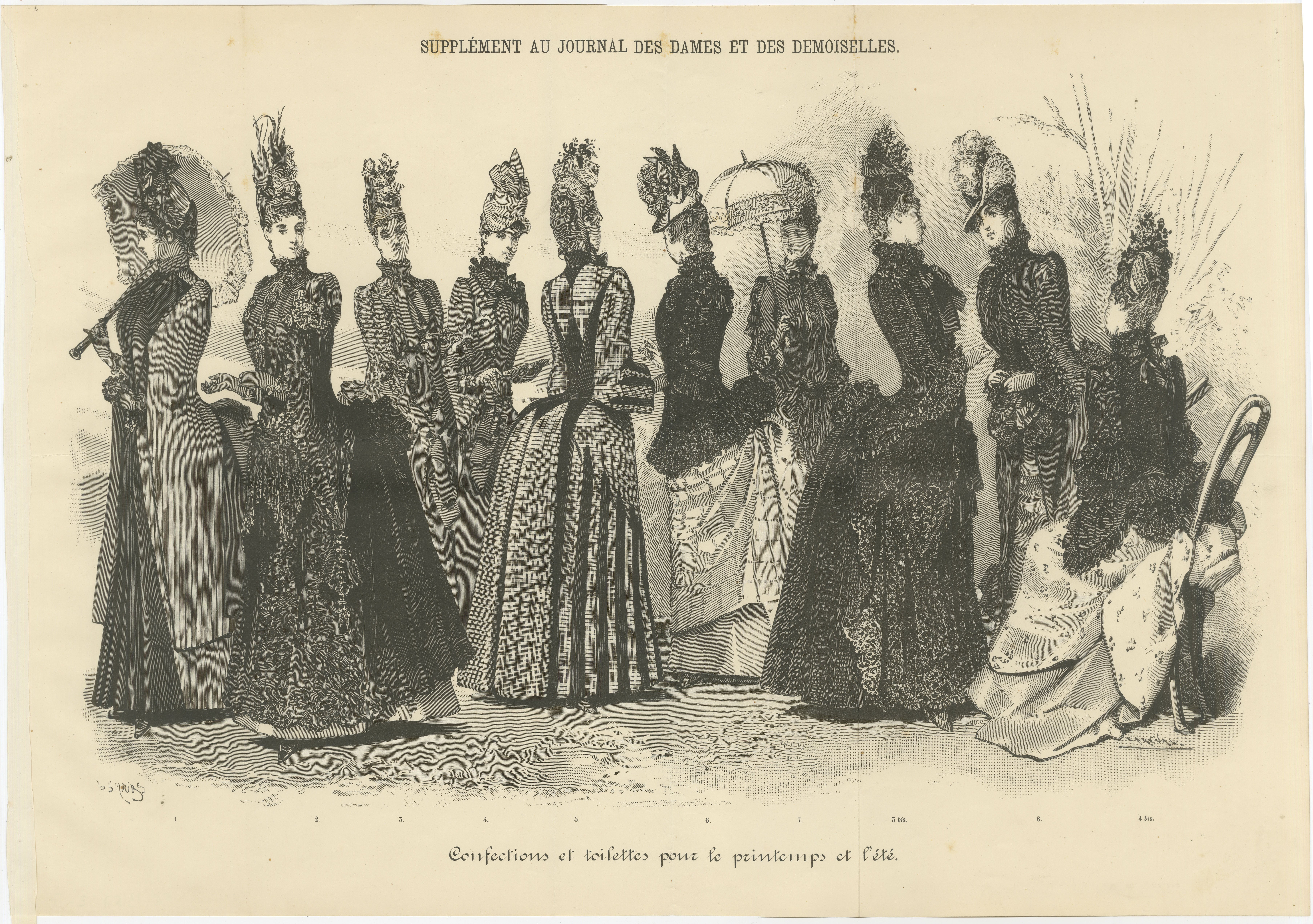 Large French Fashion Plate, Panoramic Couture Study, Paris, c.1887