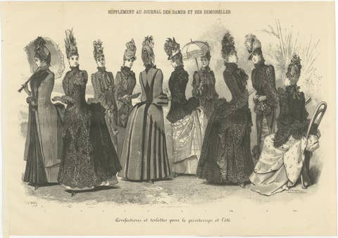 Large French Fashion Plate, Panoramic Couture Study, Paris, c.1887
