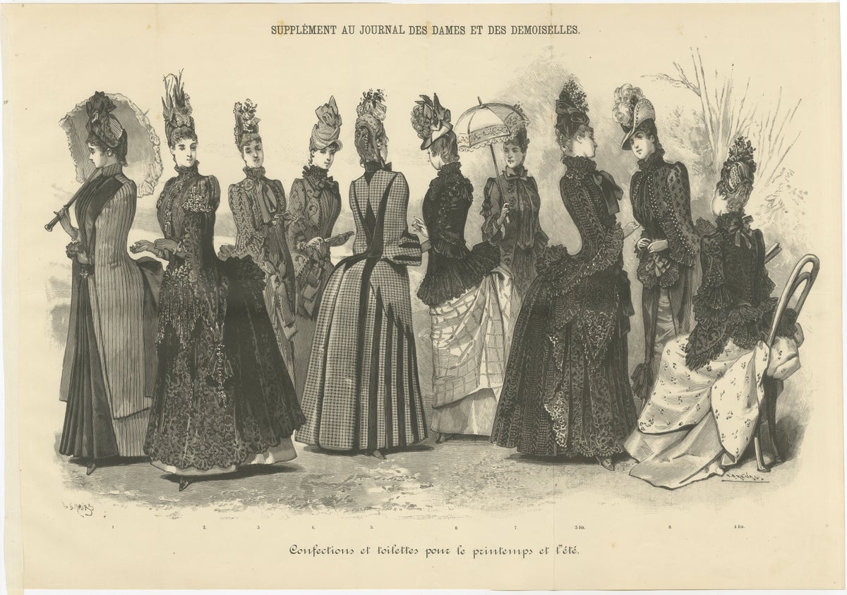 Large French Fashion Plate, Panoramic Couture Study, Paris, c.1887