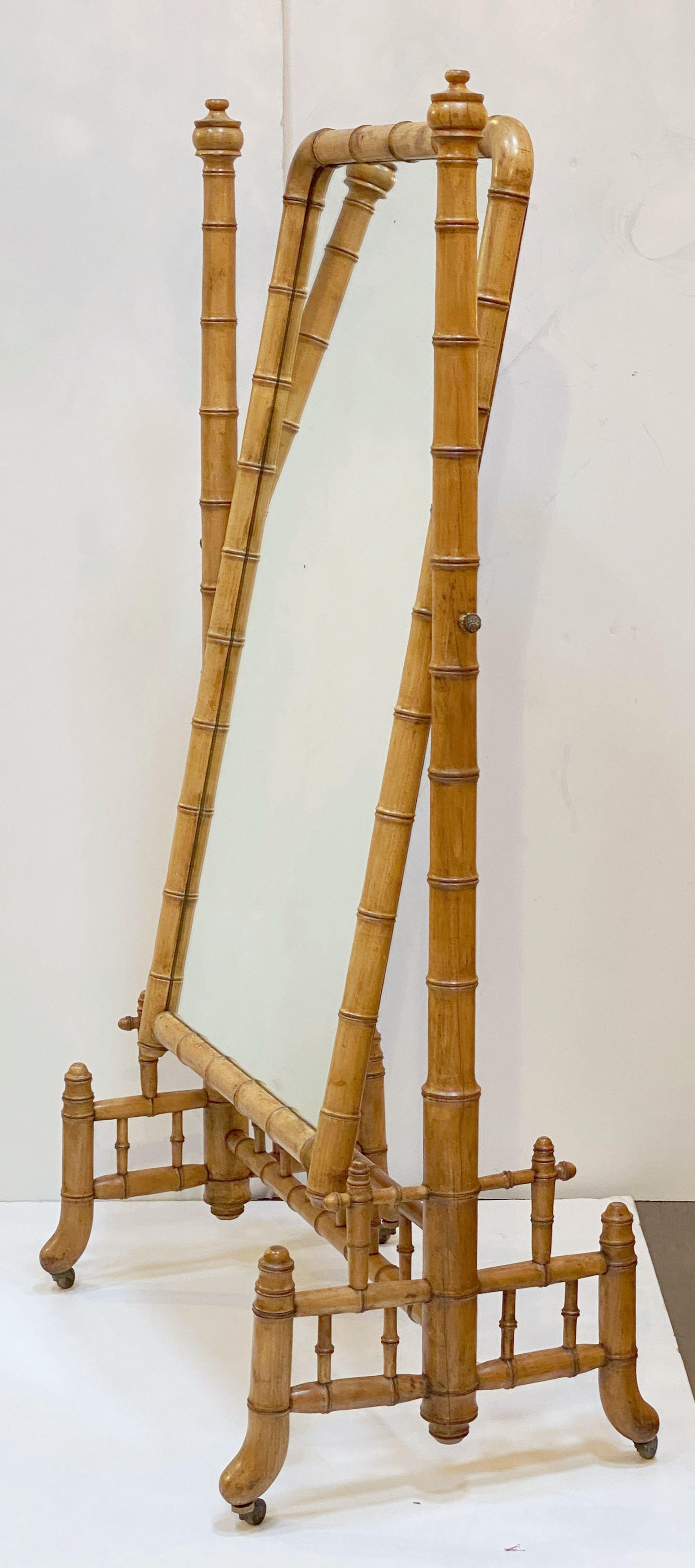 French Large Faux Bamboo Cheval or Dressing Mirror from France
