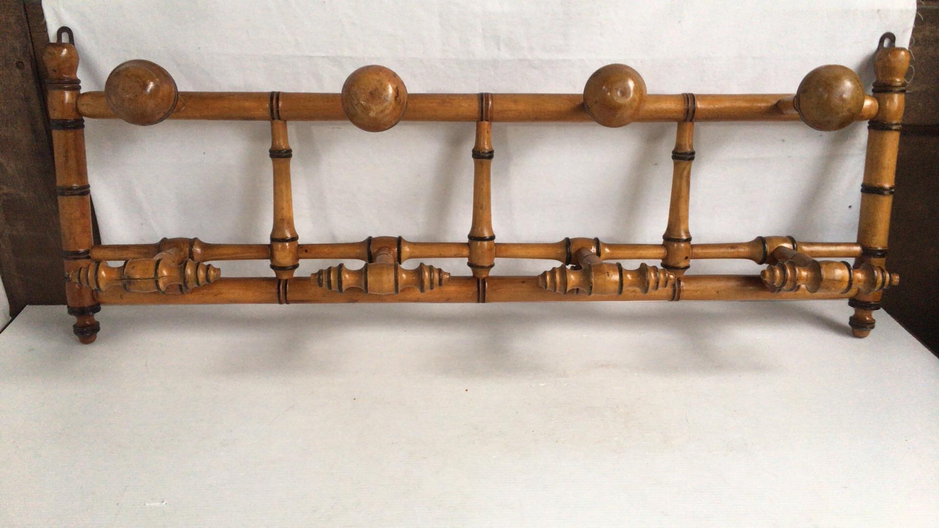 Large French faux bamboo coat rack circa 1900 with 4 hooks.