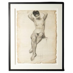 Large French Female Nude - Original Pencil Life Drawing, Antique 19th Century
