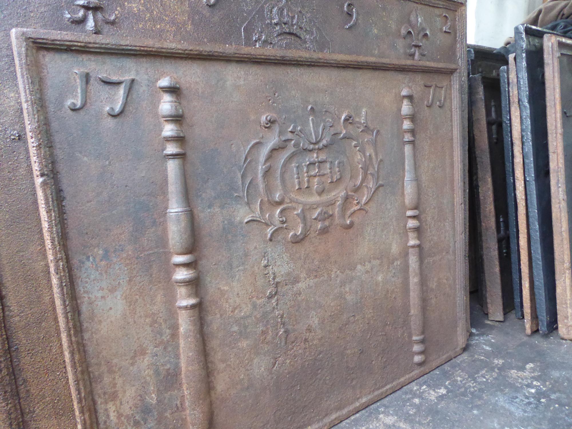 18th Century and Earlier Large French Fireback with Pillars and IHS Monogram, Dated 1777