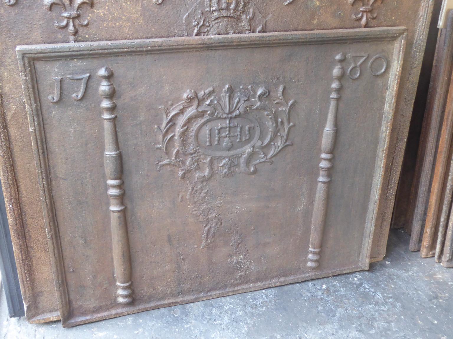 Louis XV Large French Fireback  / Backsplash with Pillars and IHS Monogram, Dated 1780 For Sale
