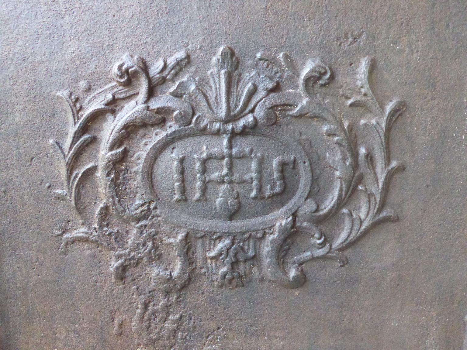 Cast Large French Fireback  / Backsplash with Pillars and IHS Monogram, Dated 1780 For Sale
