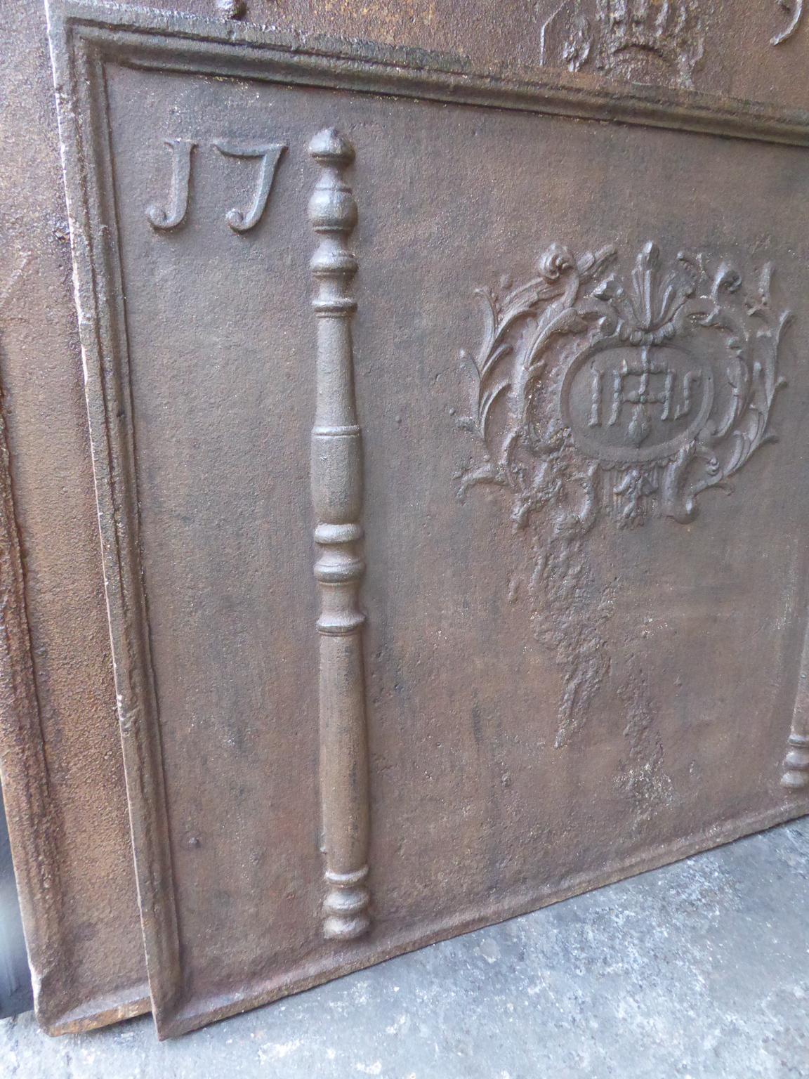 18th Century and Earlier Large French Fireback  / Backsplash with Pillars and IHS Monogram, Dated 1780 For Sale