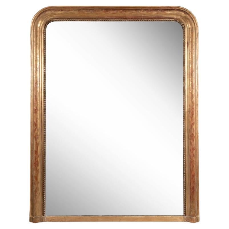 Grand miroir de cheminée français gravé de motifs floraux du 19ème siècle