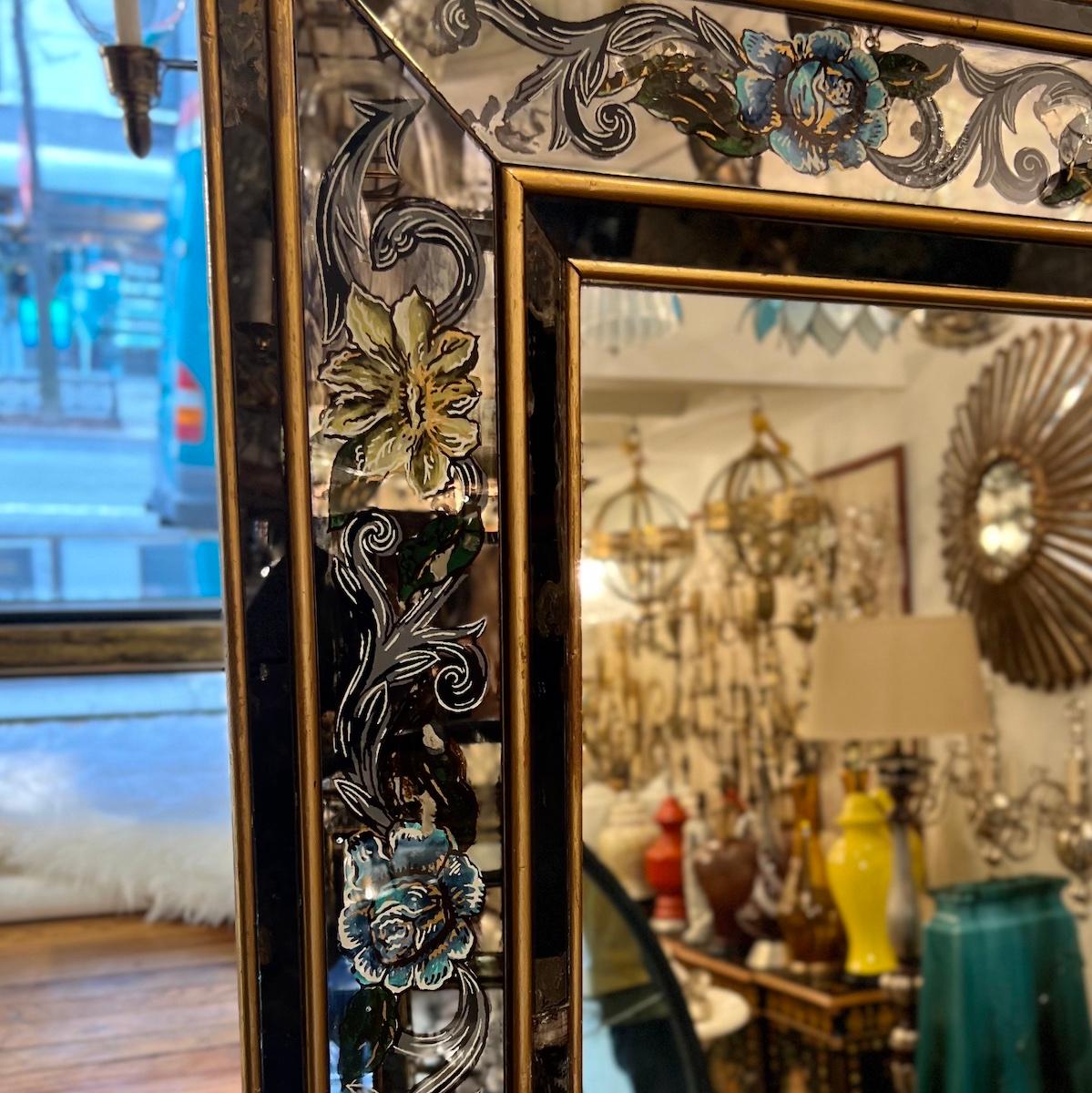 Verre Églomisé Large French Floral Motif Mirror For Sale