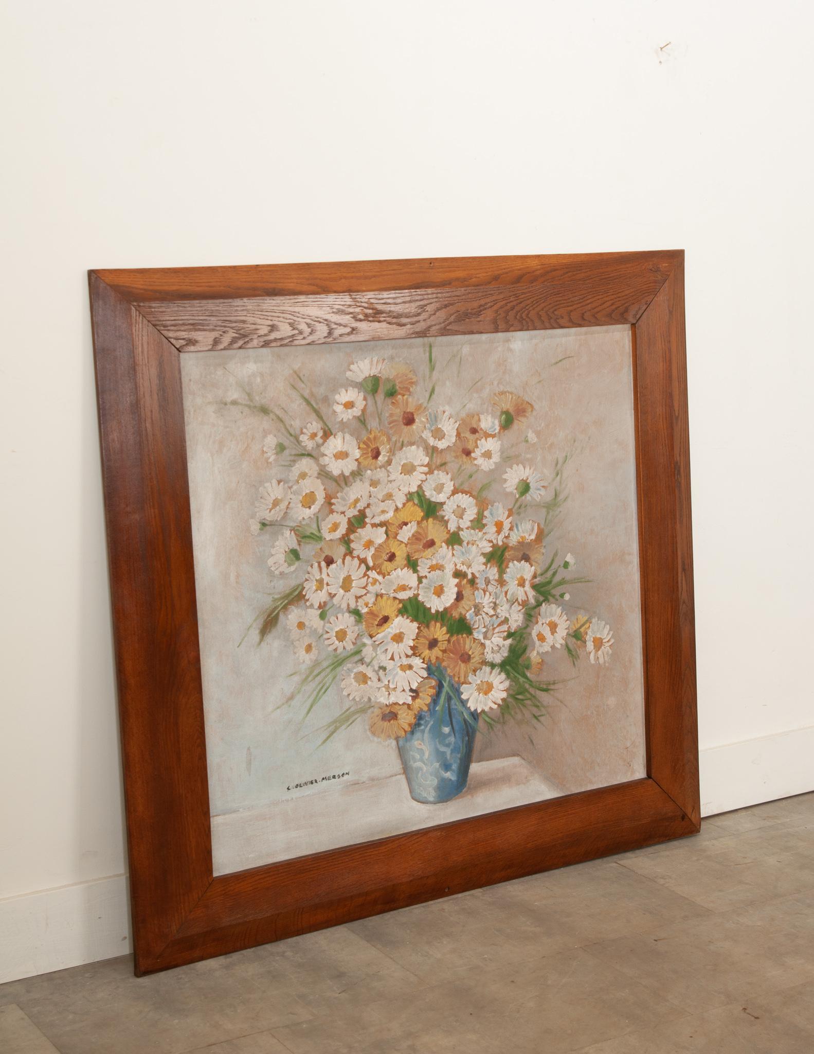 20th Century Large French Floral Painting in Oak Frame For Sale