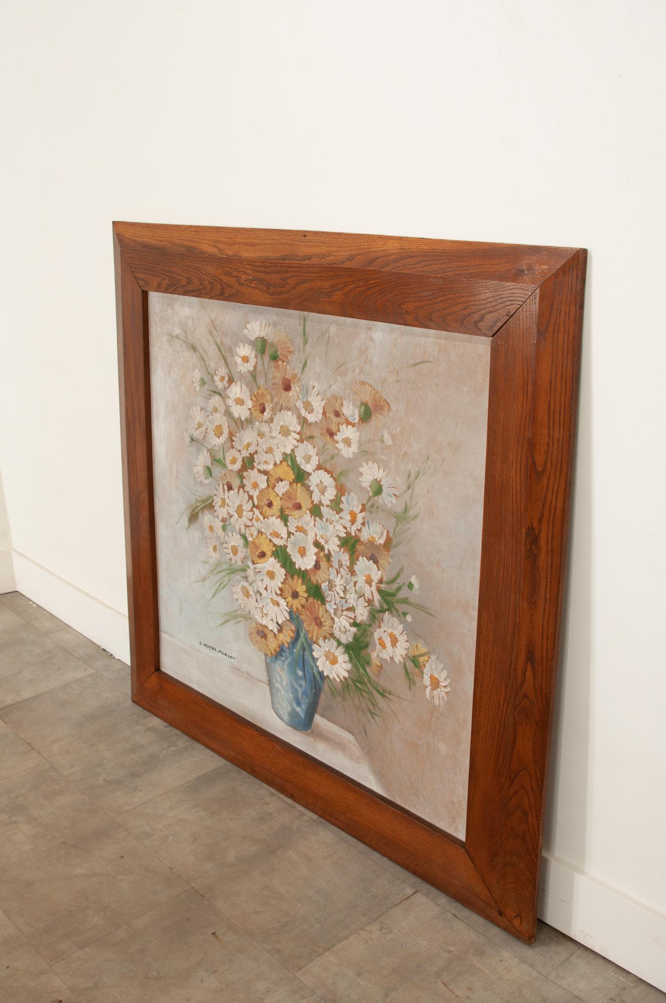 Large French Floral Painting in Oak Frame For Sale 1