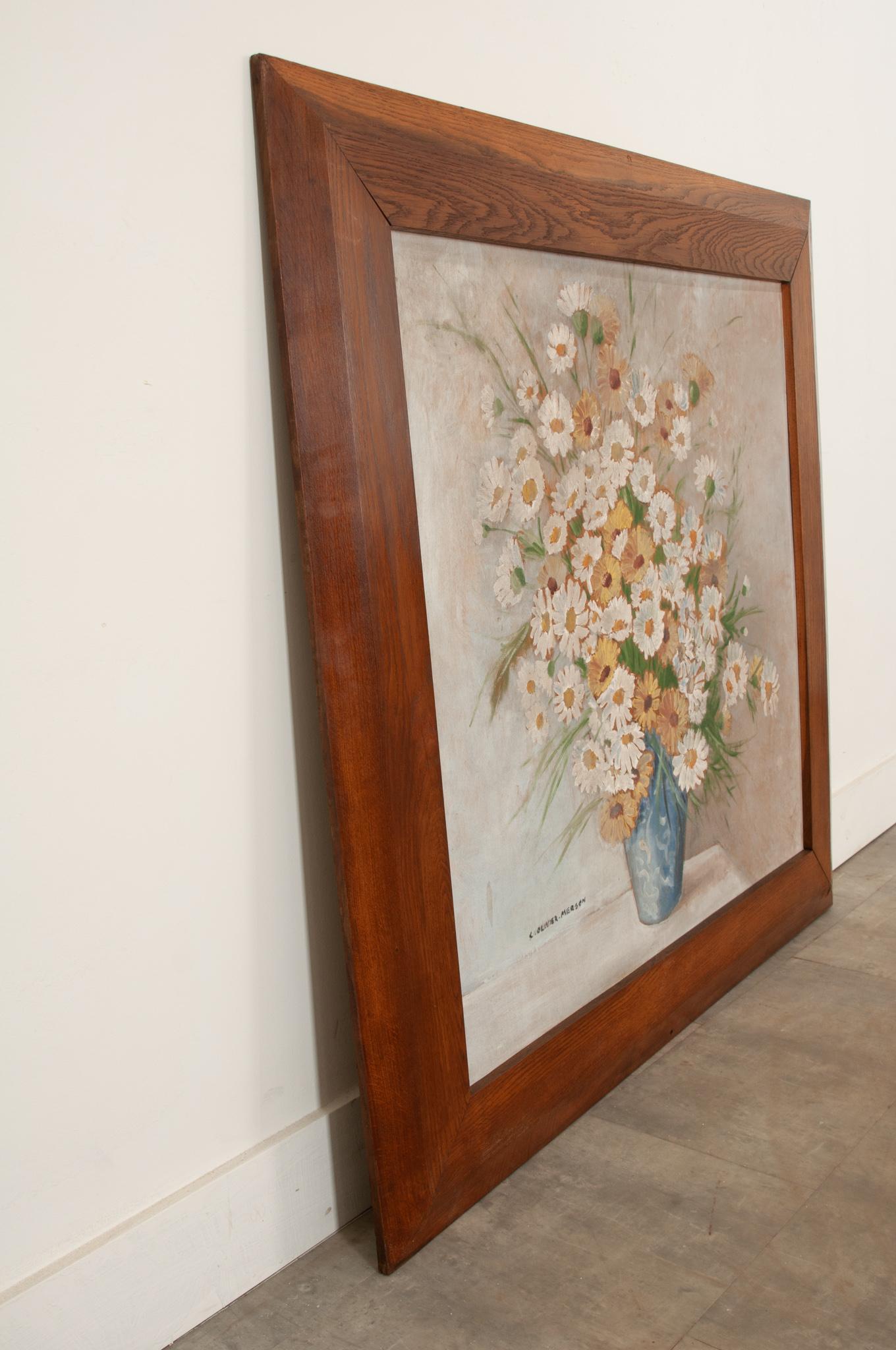 Large French Floral Painting in Oak Frame For Sale 2