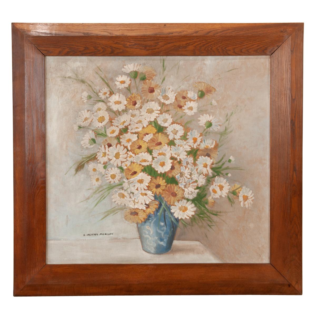 Large French Floral Painting in Oak Frame For Sale
