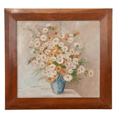 Vintage Large French Floral Painting in Oak Frame