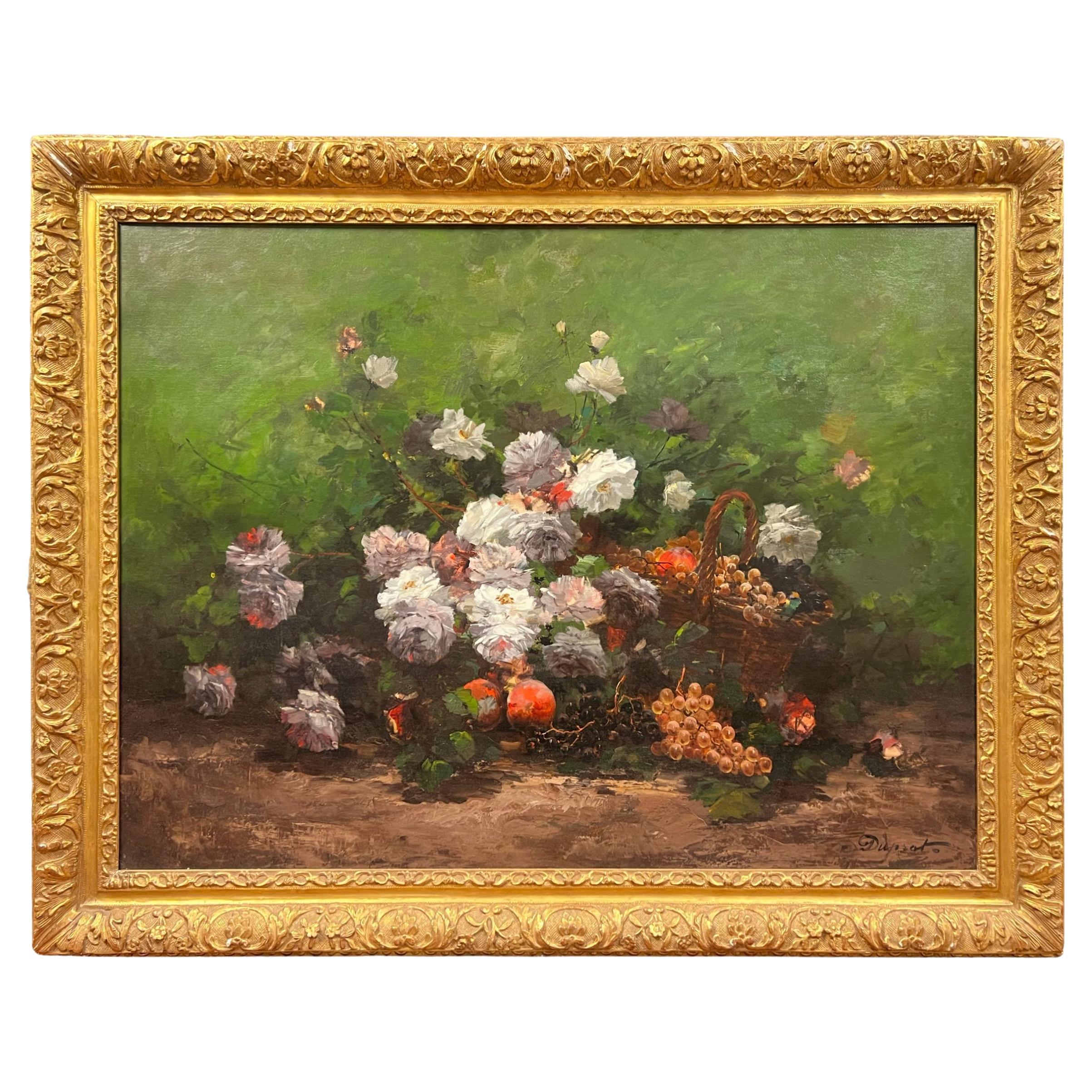 Grande peinture à l'huile française de natures mortes florales par Duprat