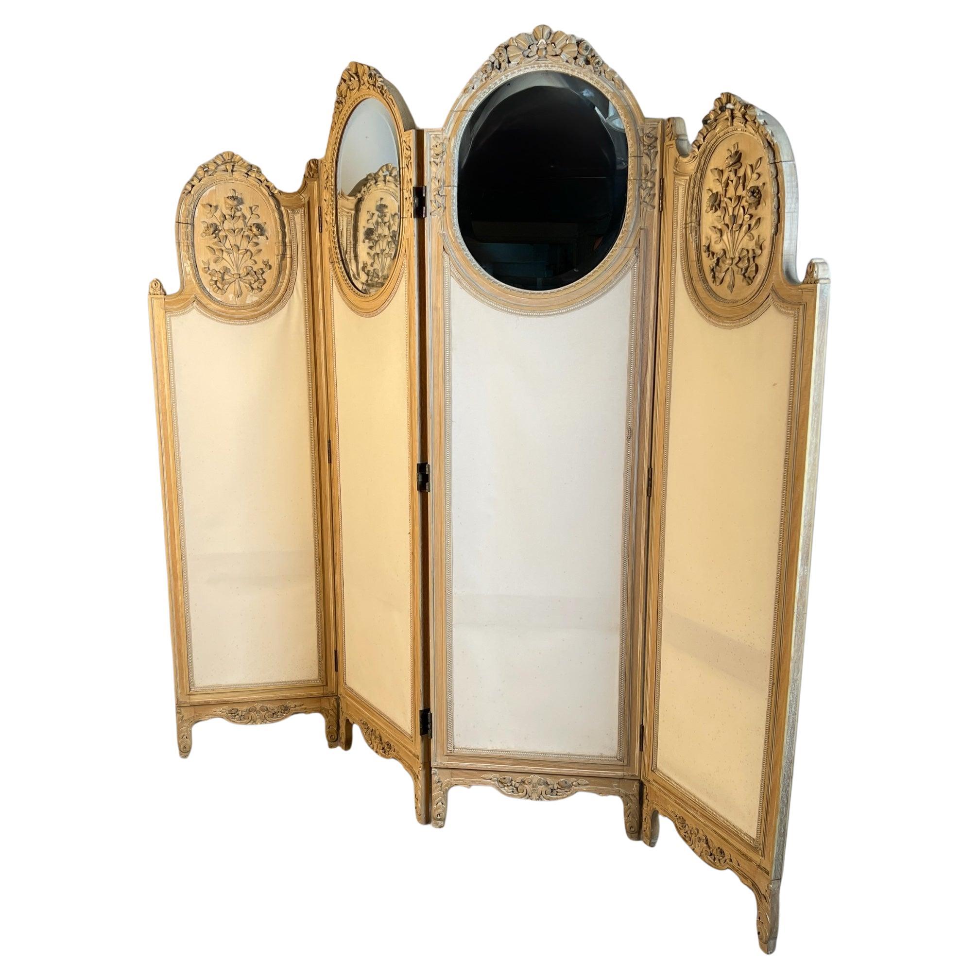 Large French Four-Fold Mirrored Dressing Screen Or Room Divider Circa 1920