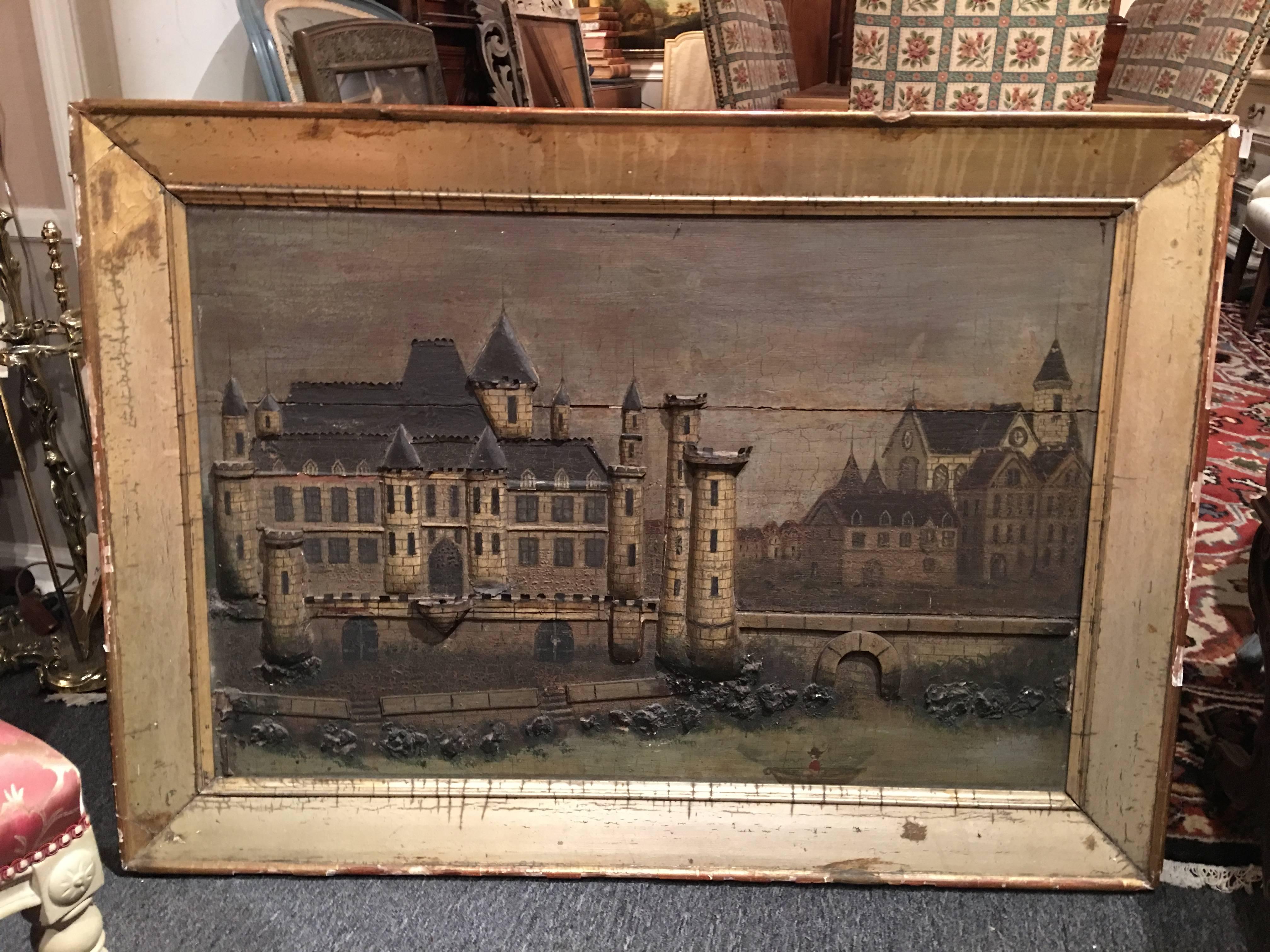 Large French framed diorama or painting of a castle scene, 19th century.