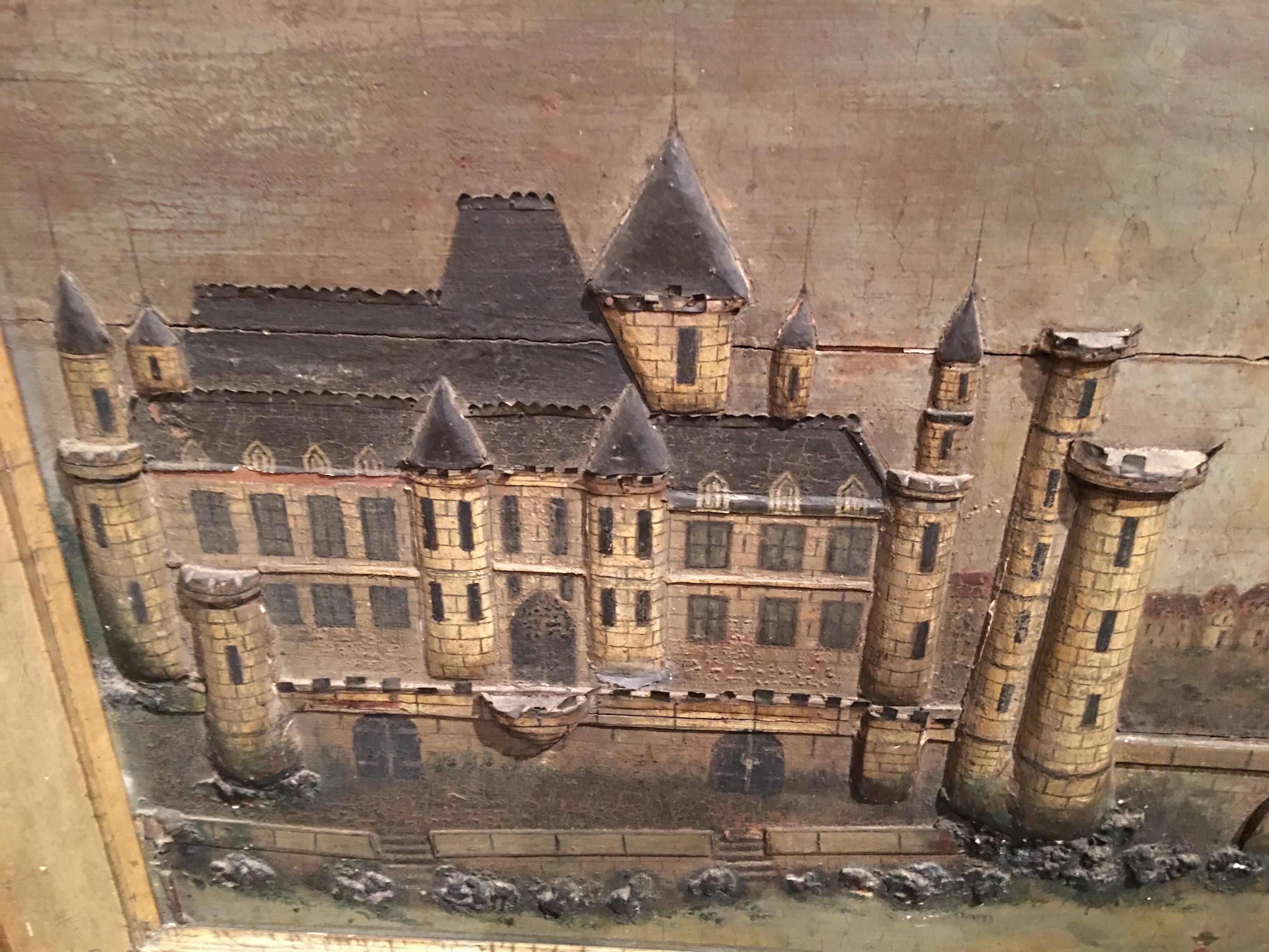 Large French Framed Diorama or Painting of a Castle Scene, 19th Century In Distressed Condition In Savannah, GA