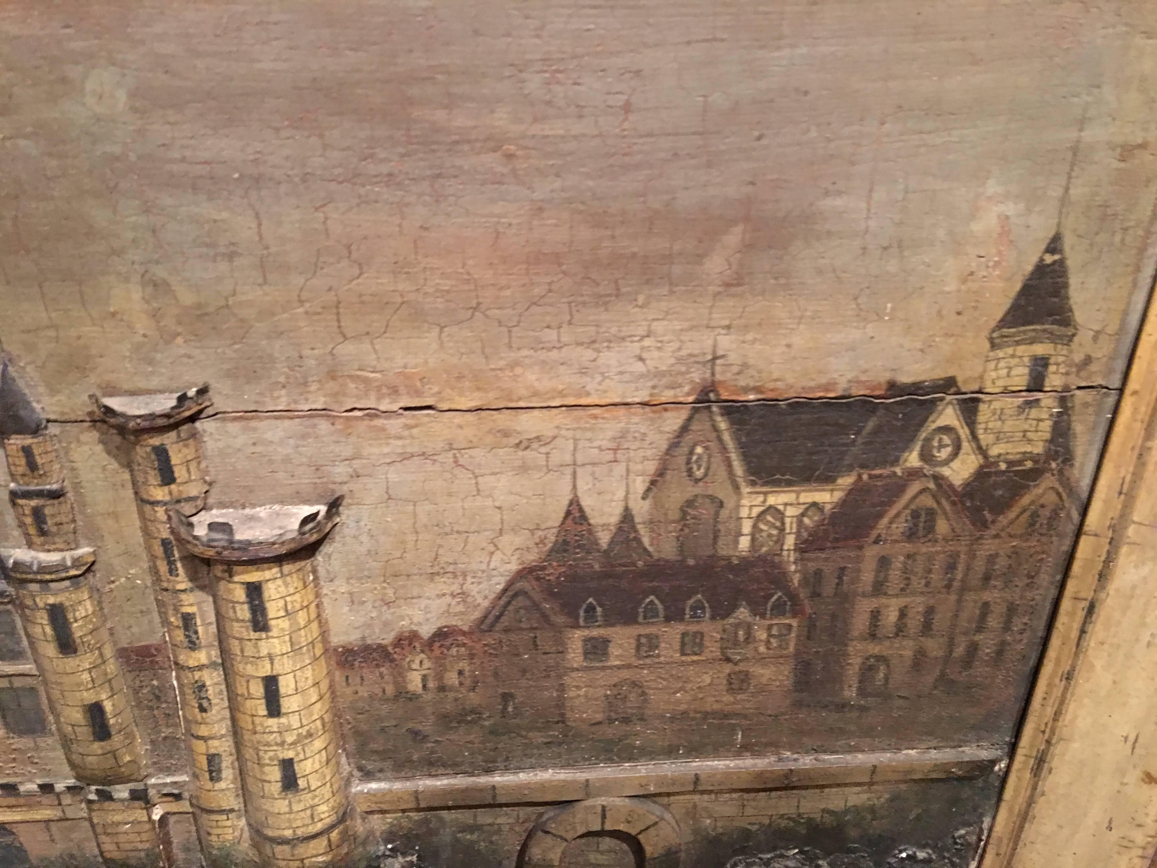 Wood Large French Framed Diorama or Painting of a Castle Scene, 19th Century