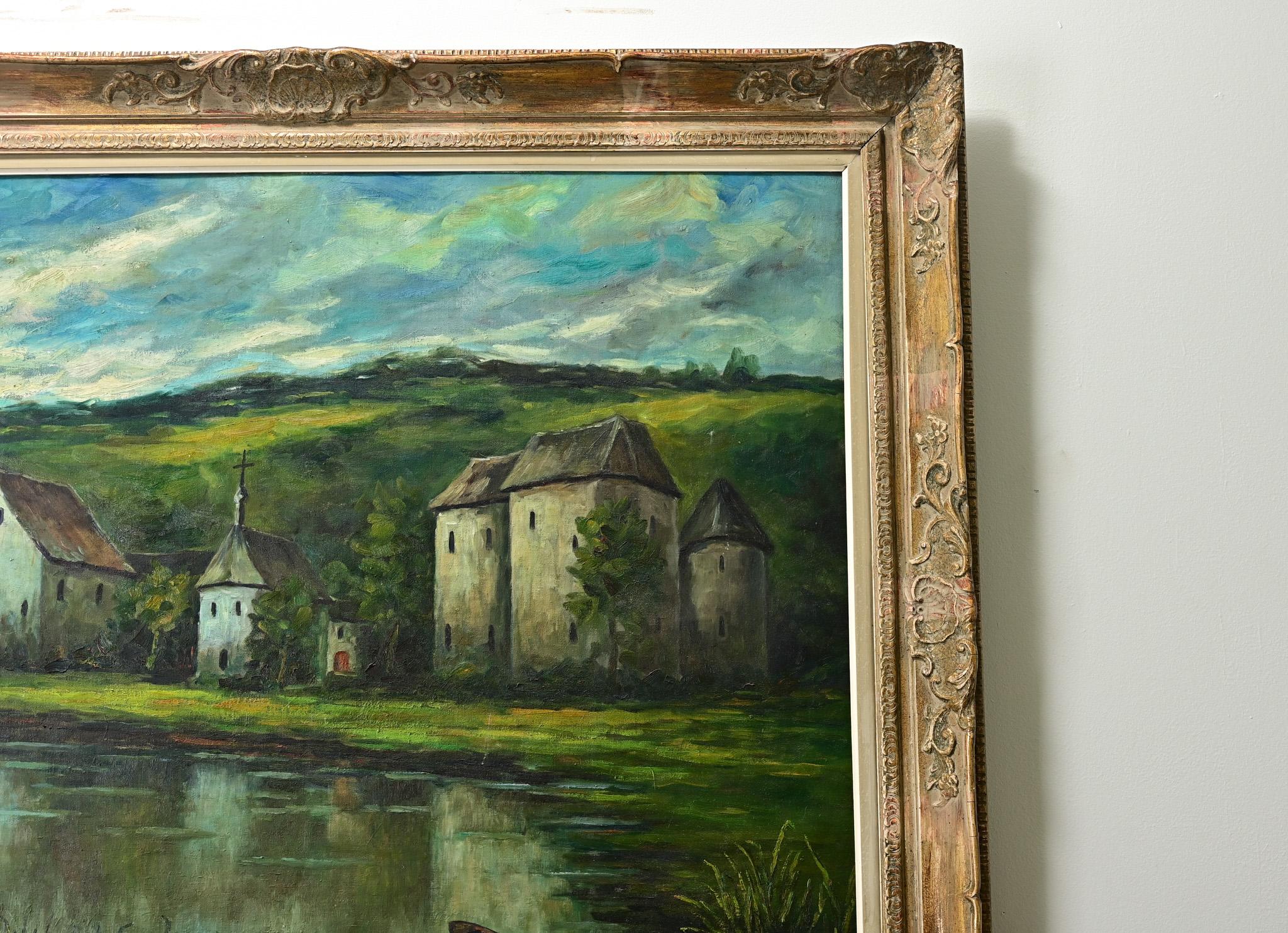 Dorato Quadro di scena pastorale francese di grandi dimensioni con cornice in vendita