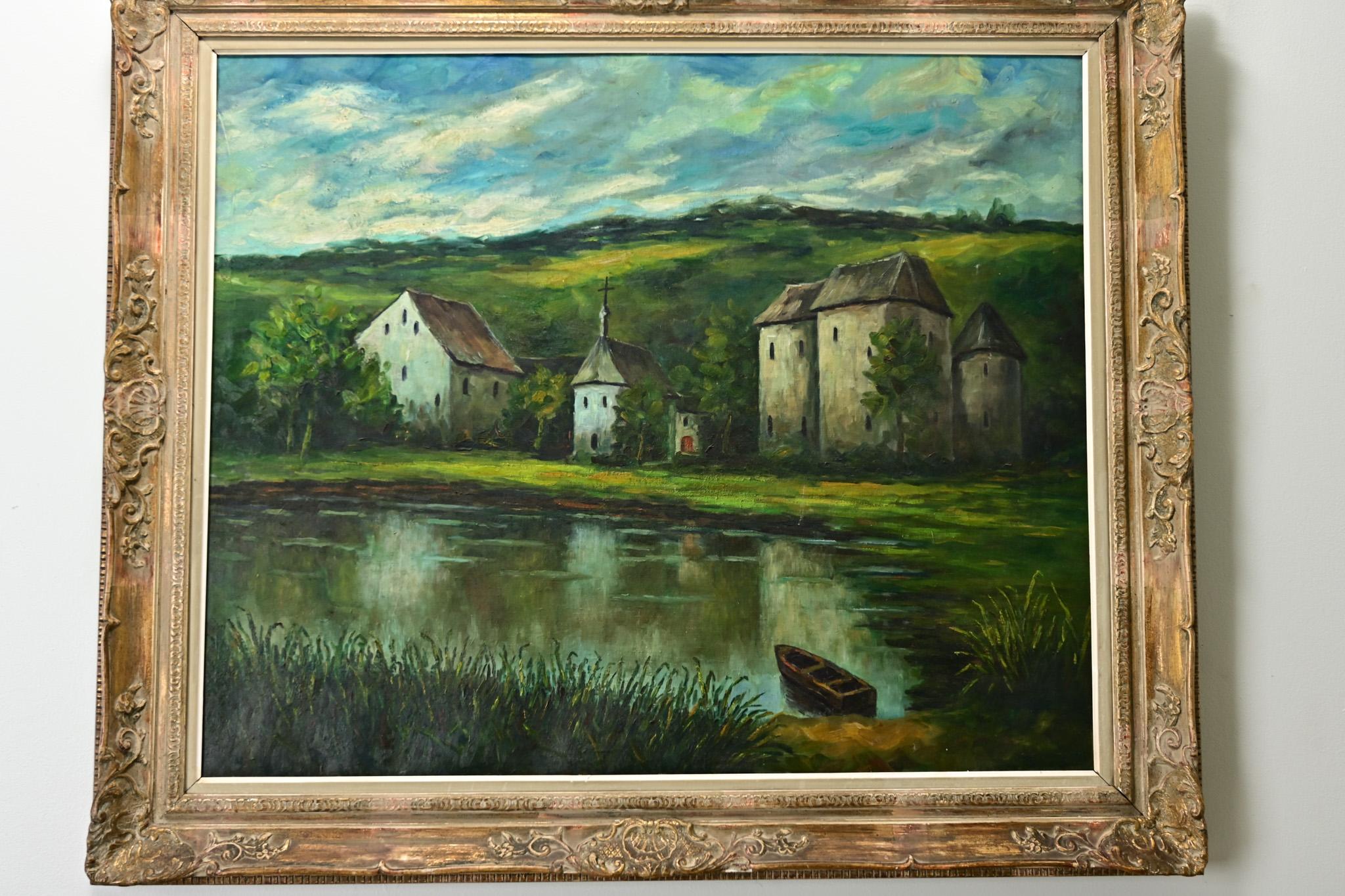 Tela Quadro di scena pastorale francese di grandi dimensioni con cornice in vendita