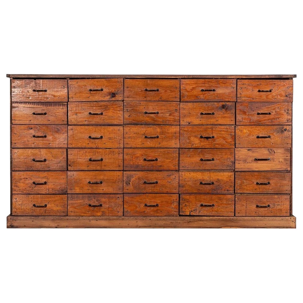 Large French Fruitwood Workshop Bank Pine Drawers For Sale