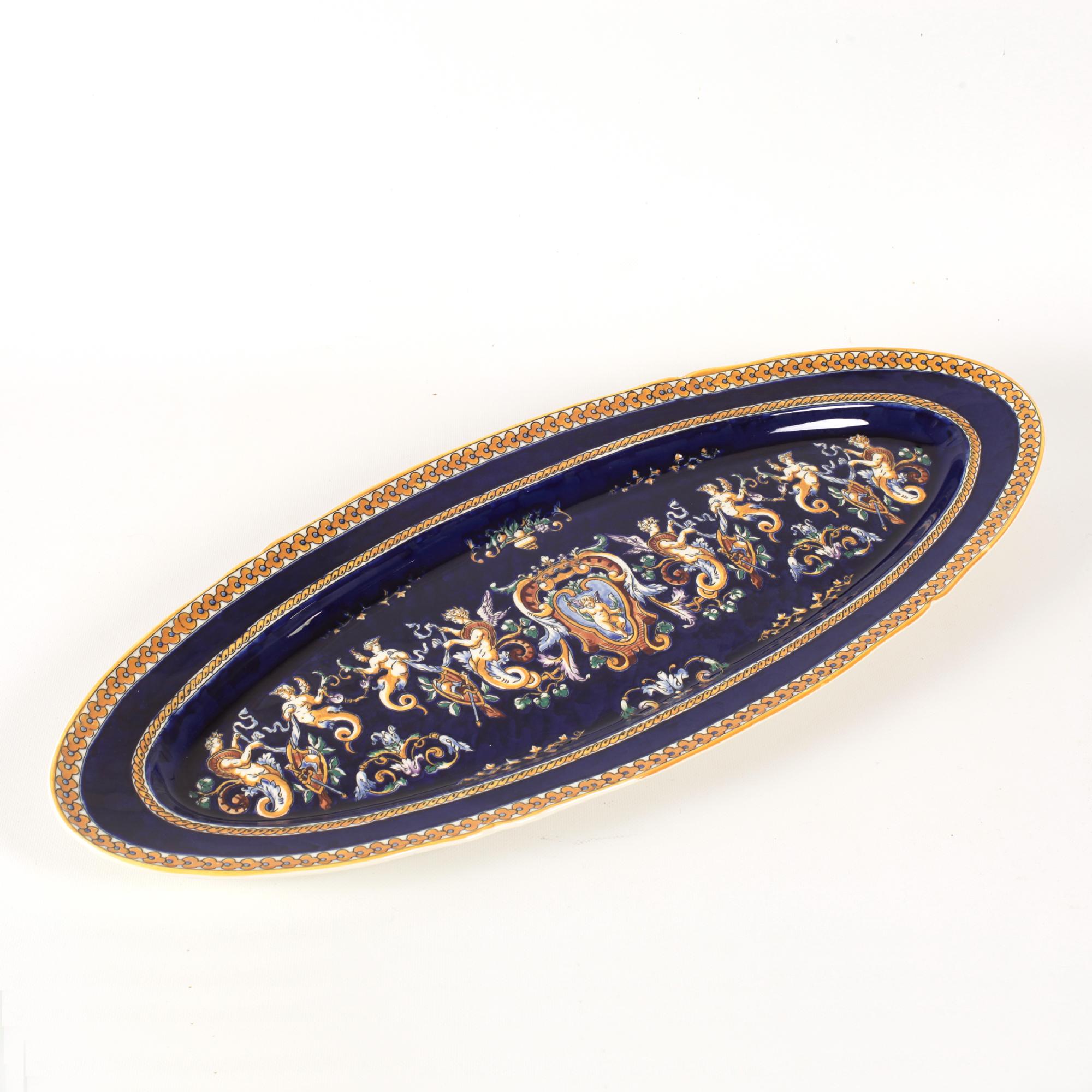 Hand-Crafted Large French Gien Renaissance Hand Painted Porcelain Oval Serving Platter For Sale