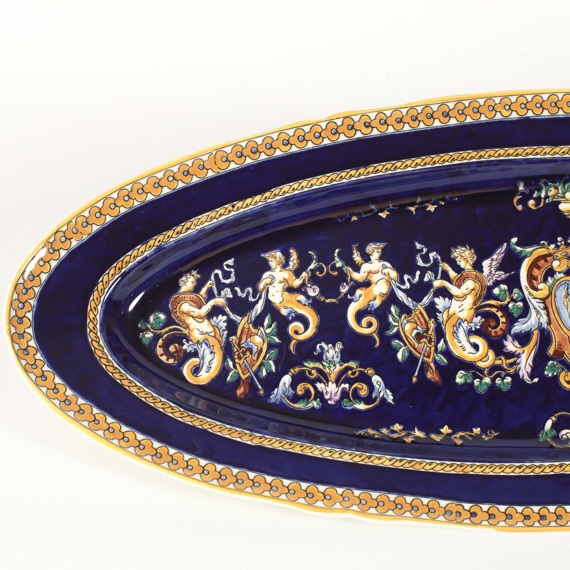 Große ovale französische Gien Renaissance-Servierplatte aus handbemaltem Porzellan (Handgefertigt) im Angebot